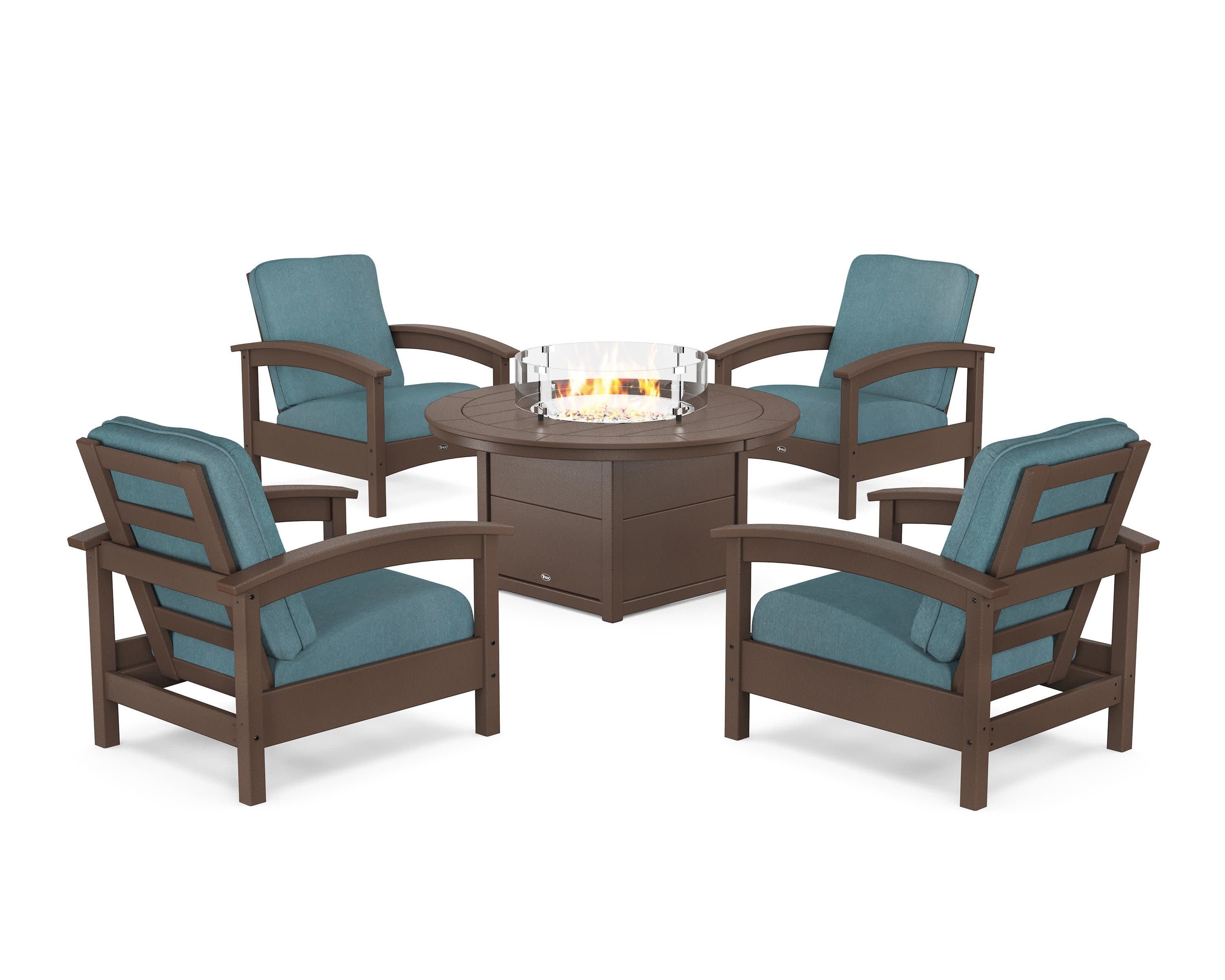 Rockport 5-Piece Deep Seating Set with Round Fire Pit Table in Vintage Lantern / Ocean Teal
