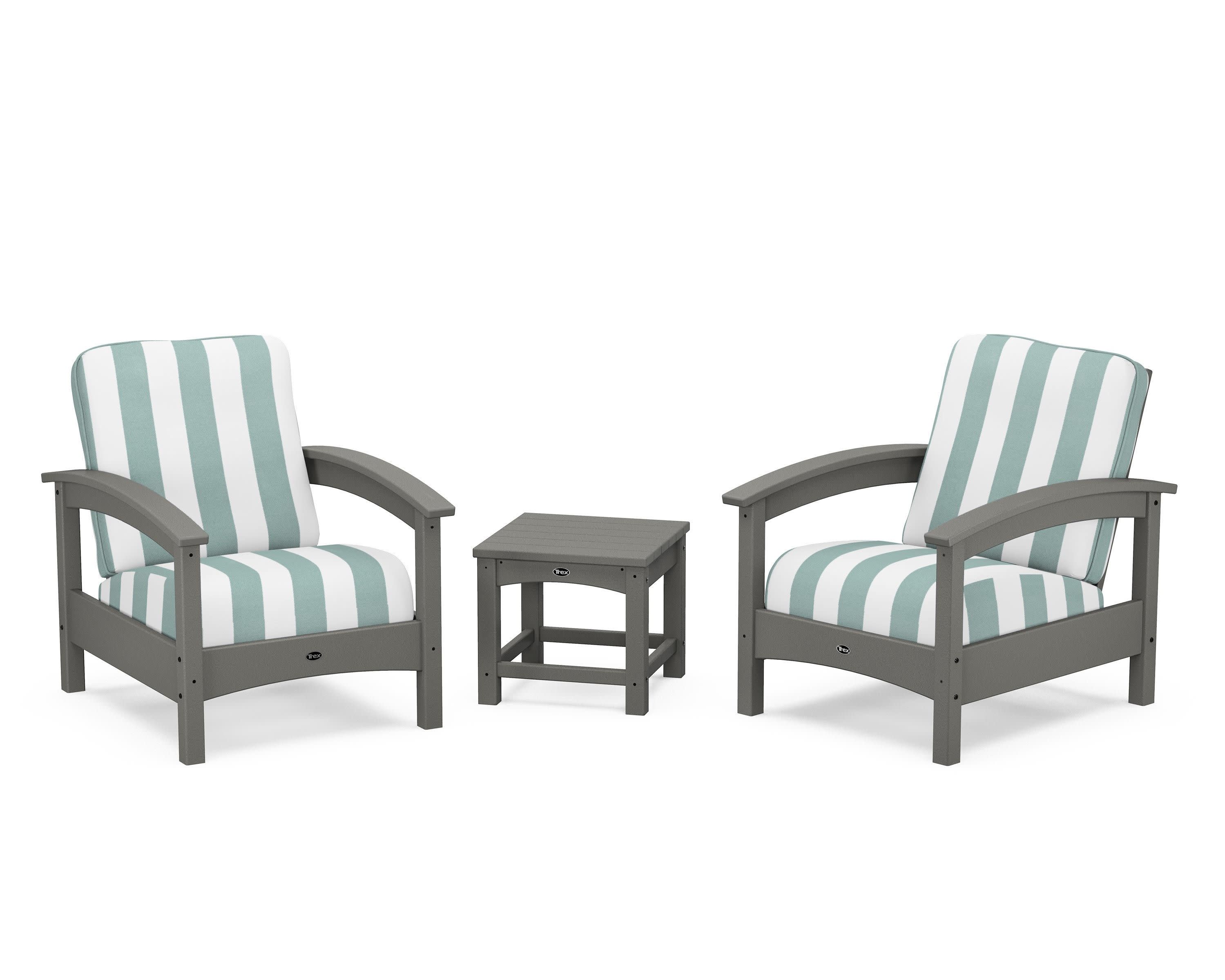 Rockport Club 3-Piece Deep Seating Conversation Set in Stepping Stone / Cabana Stripe Glacier Spa