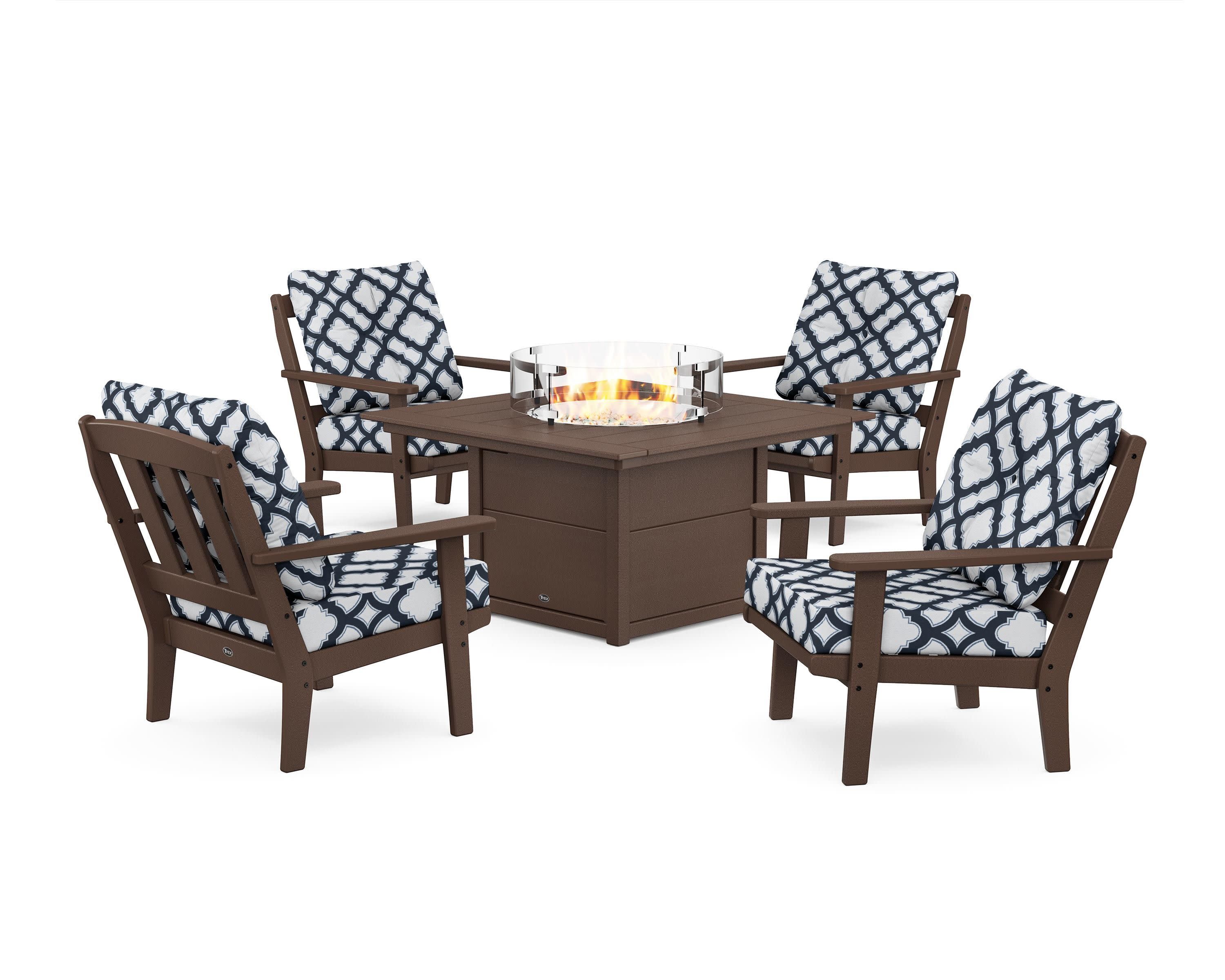 Cape Cod 5-Piece Deep Seating Set with Fire Pit Table in Vintage Lantern / Trellis Marine Indigo