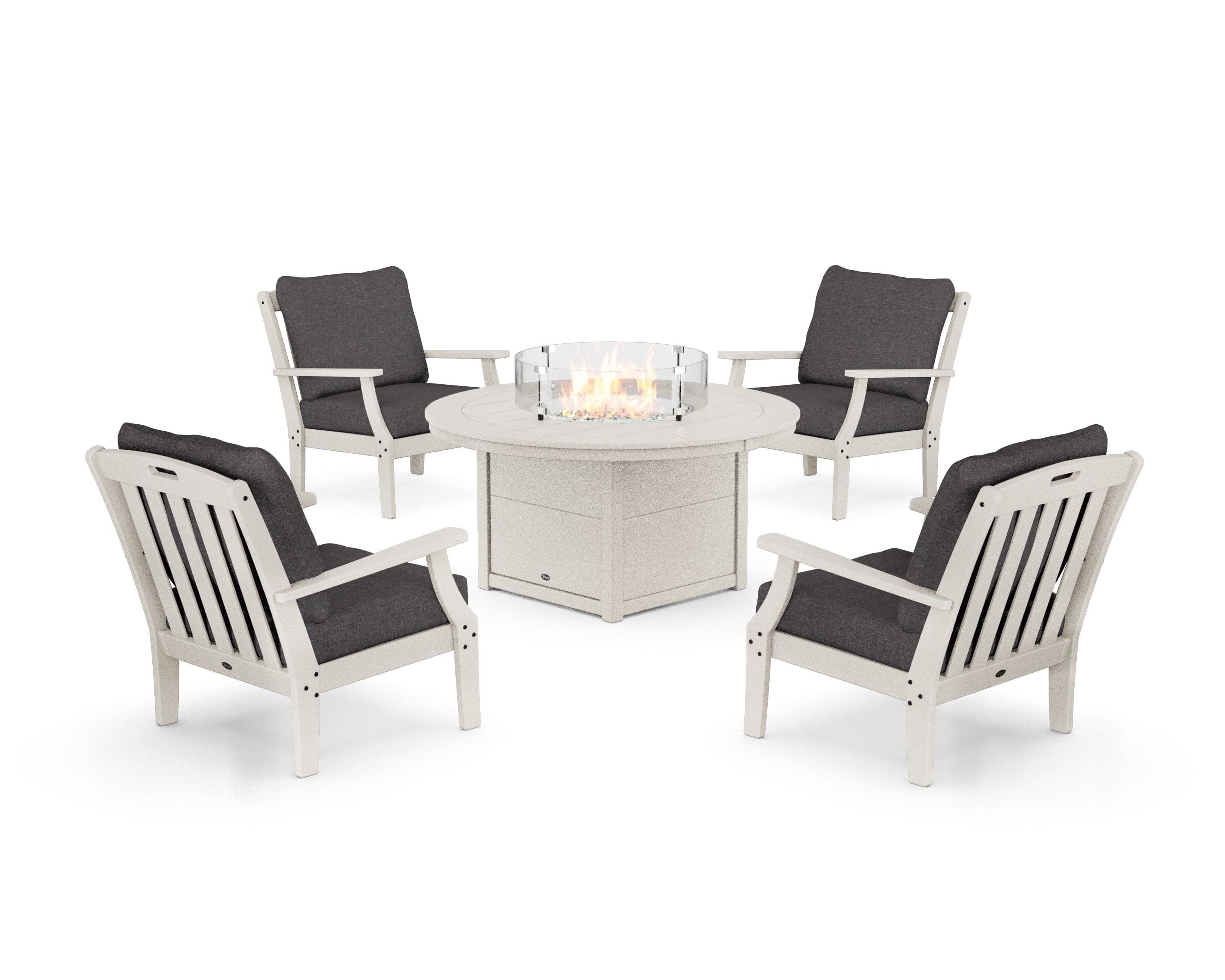 Yacht Club 5-Piece Deep Seating Set with Round Fire Pit Table in Sand Castle / Ash Charcoal
