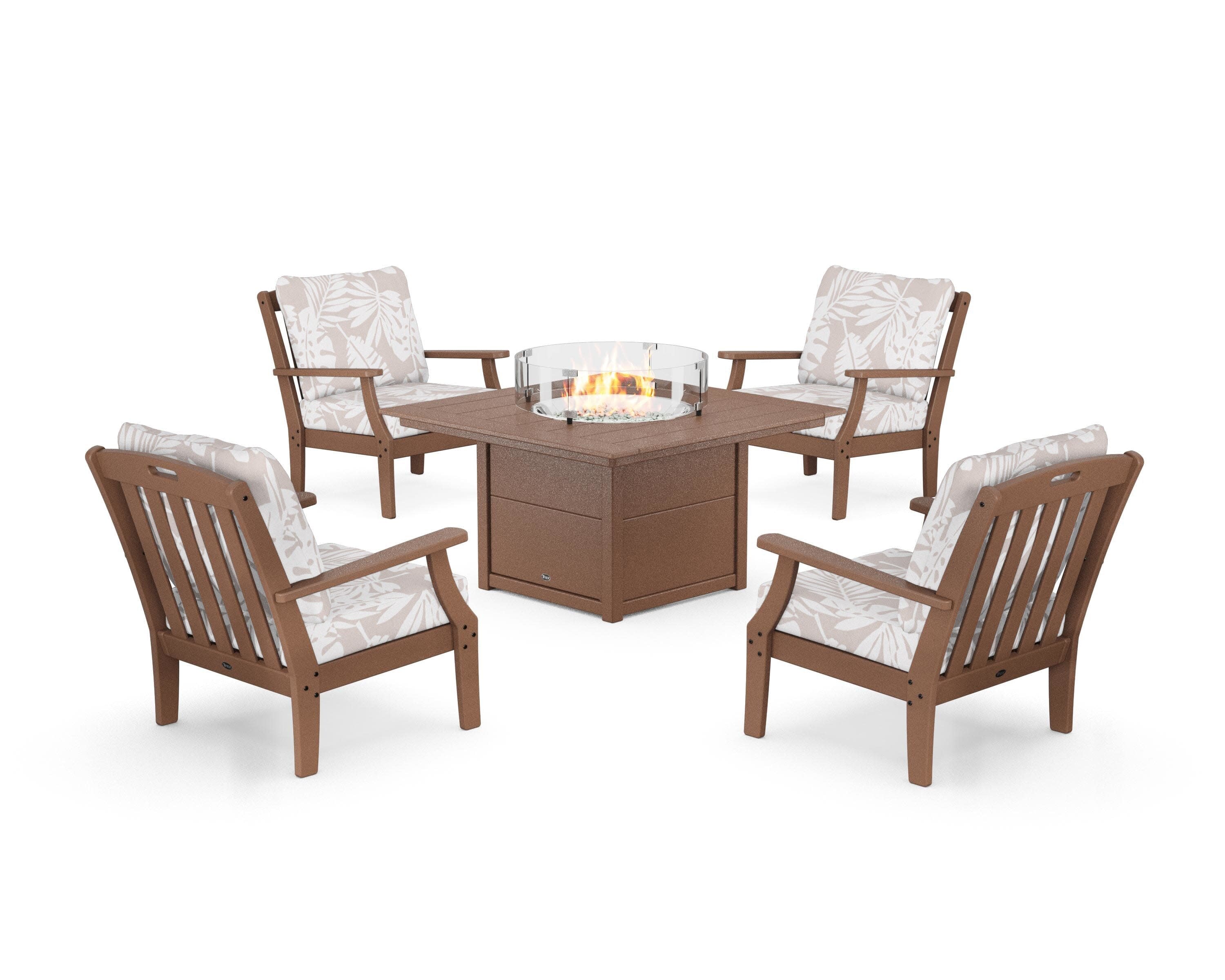 Yacht Club 5-Piece Deep Seating Set with Square Fire Pit Table in Tree House / Leaf Dune Burlap