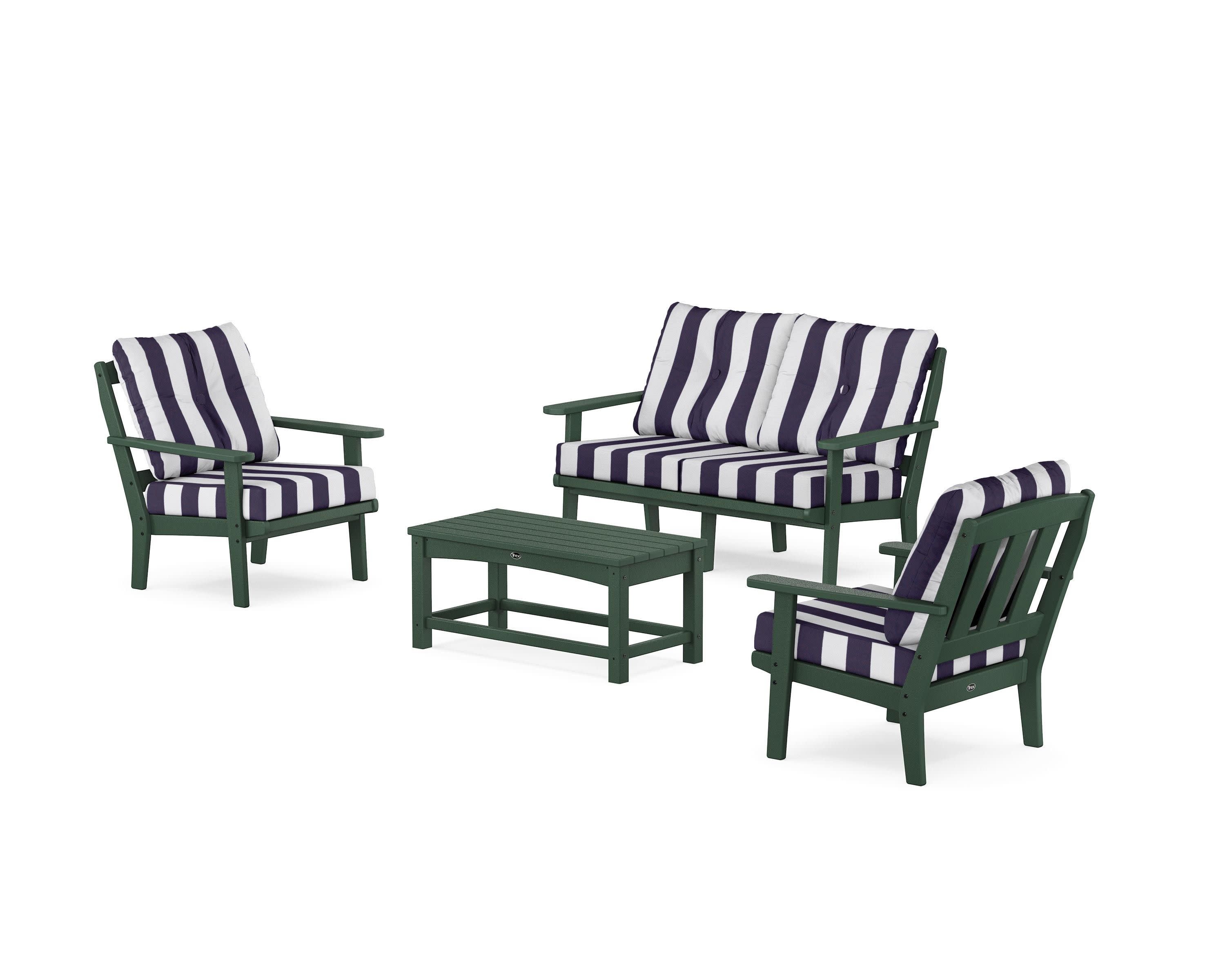 Cape Cod 4-Piece Deep Seating Set with Loveseat in Rainforest Canopy / Cabana Stripe Navy