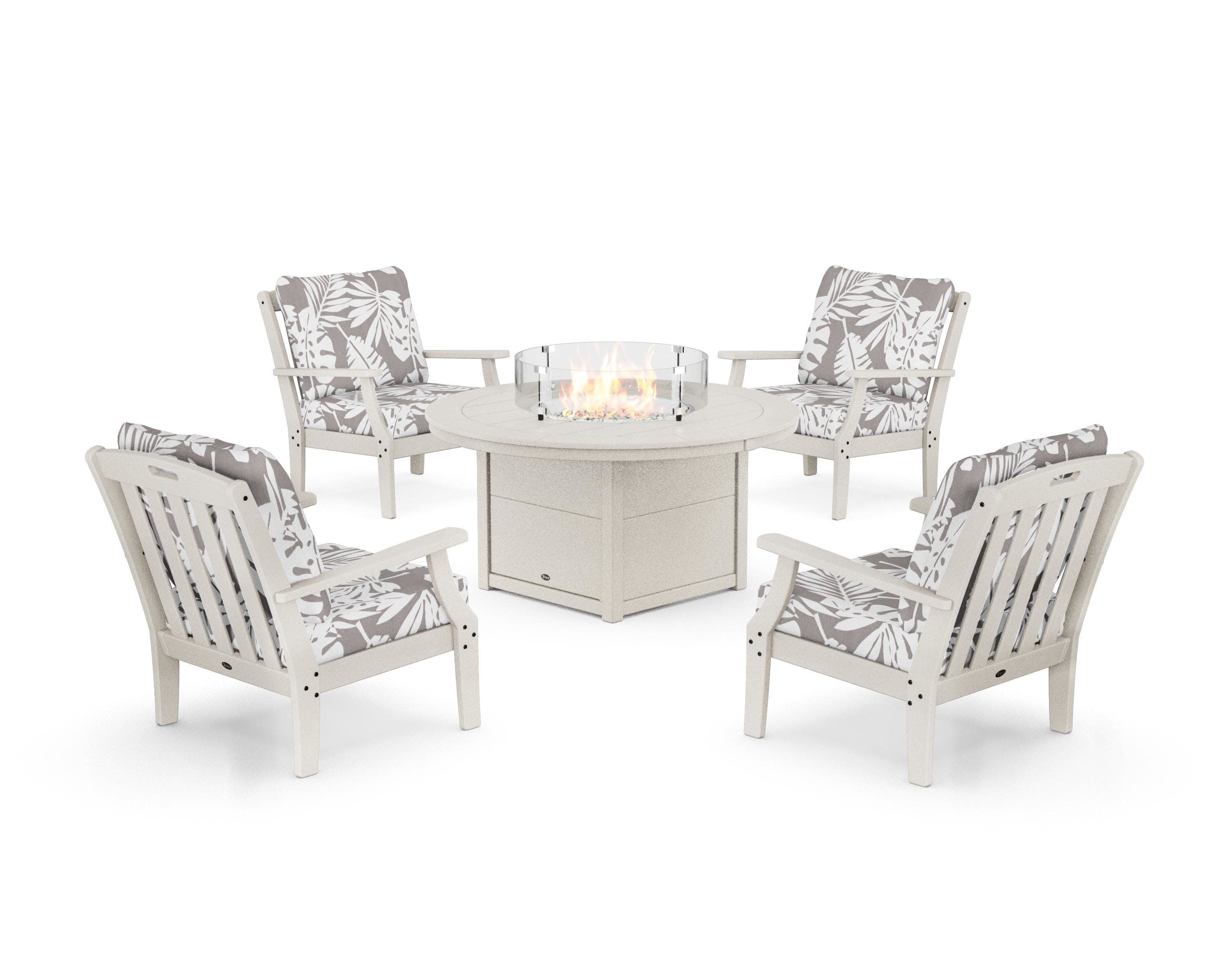 Yacht Club 5-Piece Deep Seating Set with Round Fire Pit Table in Sand Castle / Leaf Grey Mist