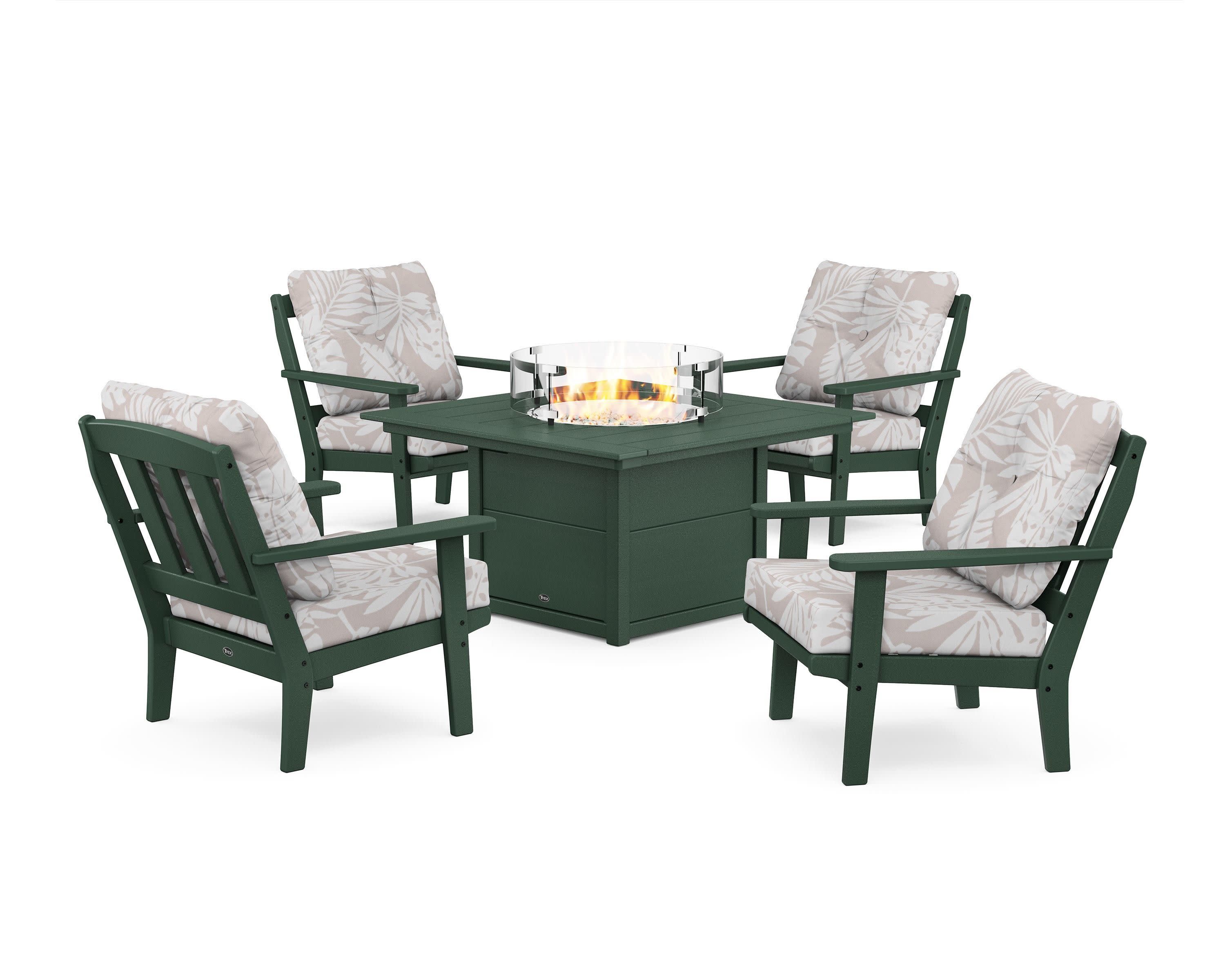 Cape Cod 5-Piece Deep Seating Set with Fire Pit Table in Rainforest Canopy / Leaf Dune Burlap