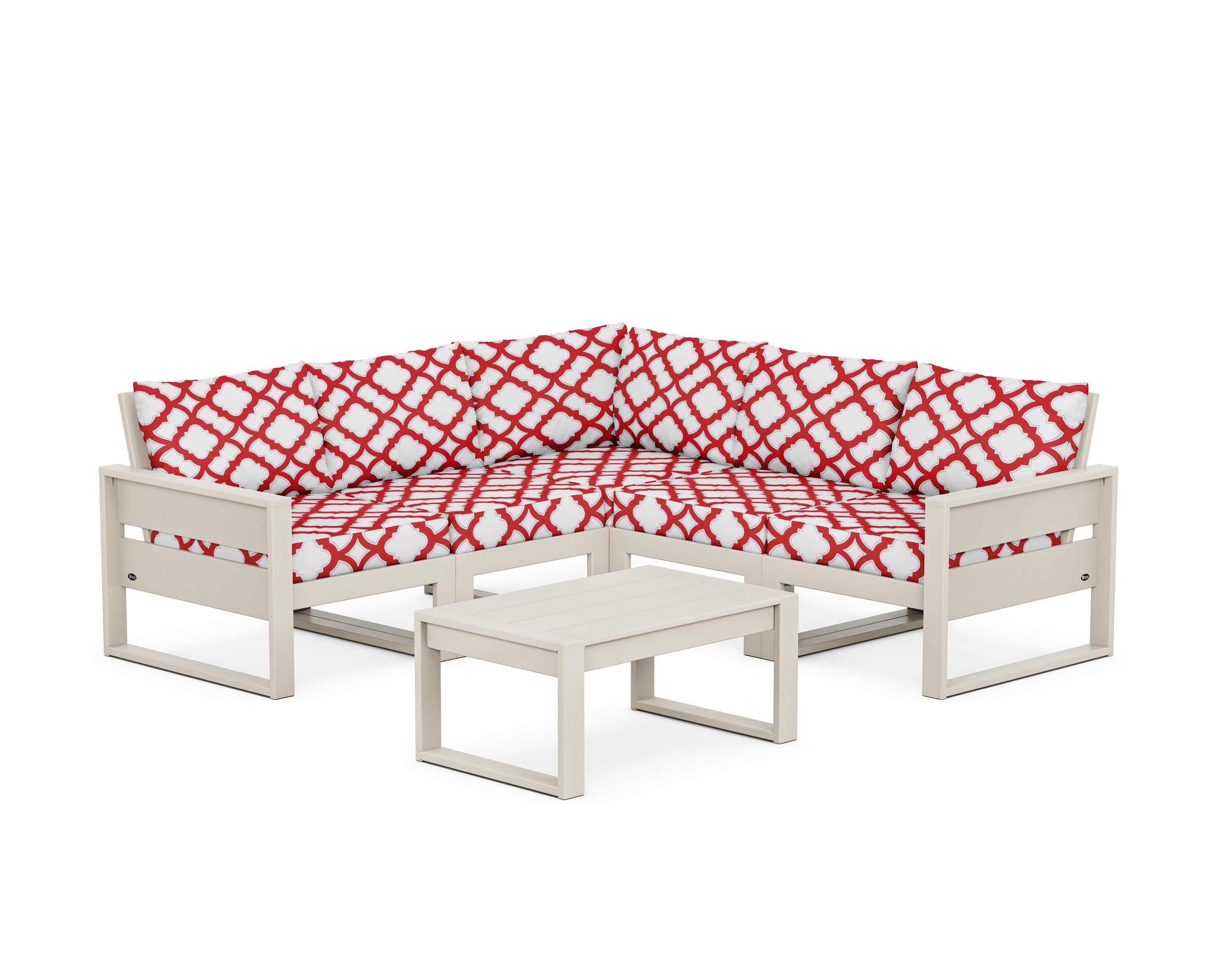 Eastport 6-Piece Deep Seating Sectional + Coffee Table Set in Sand Castle / Trellis Crimson