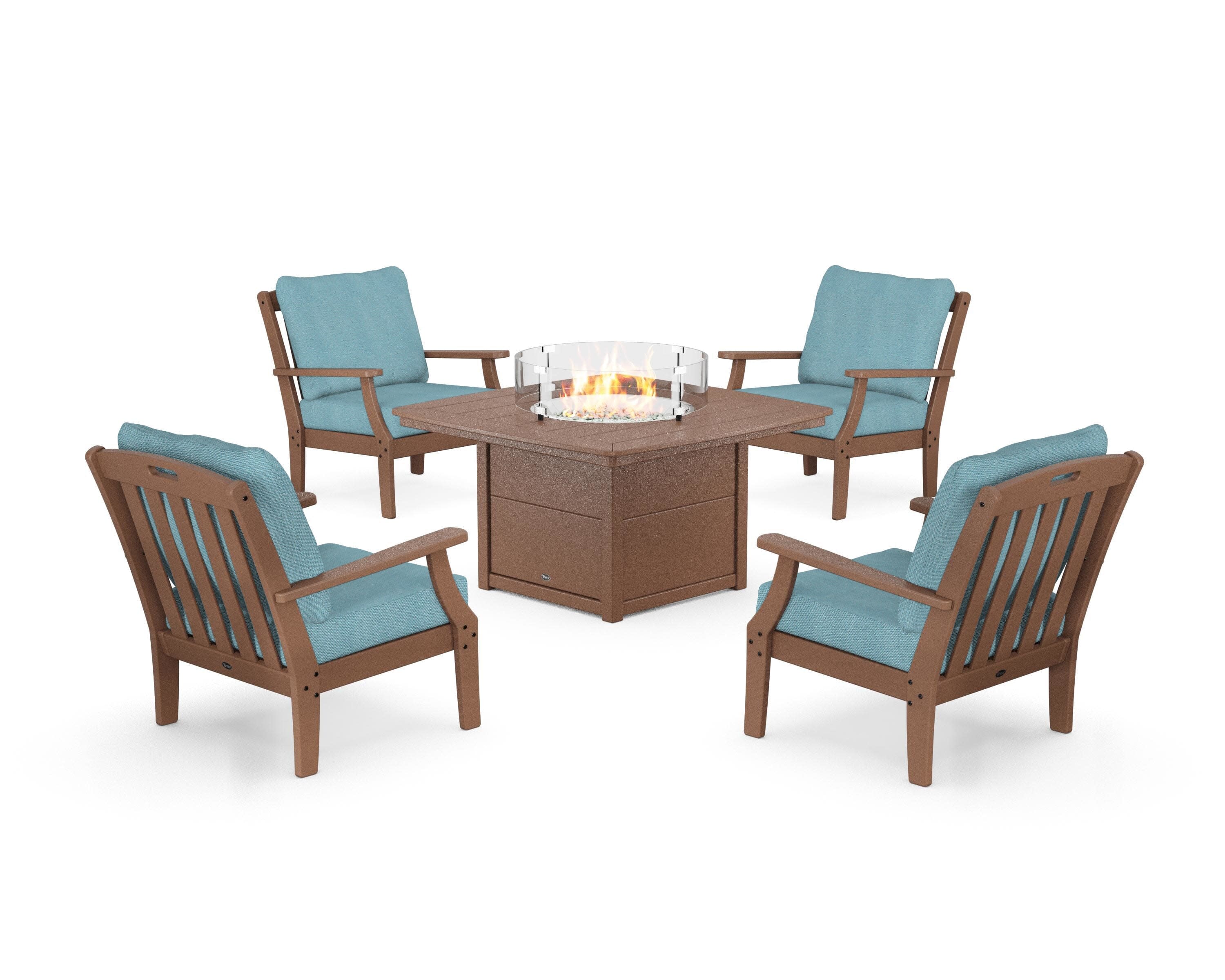 Yacht Club 5-Piece Deep Seating Set with Fire Pit Table in Tree House / Lattice Sky Blue