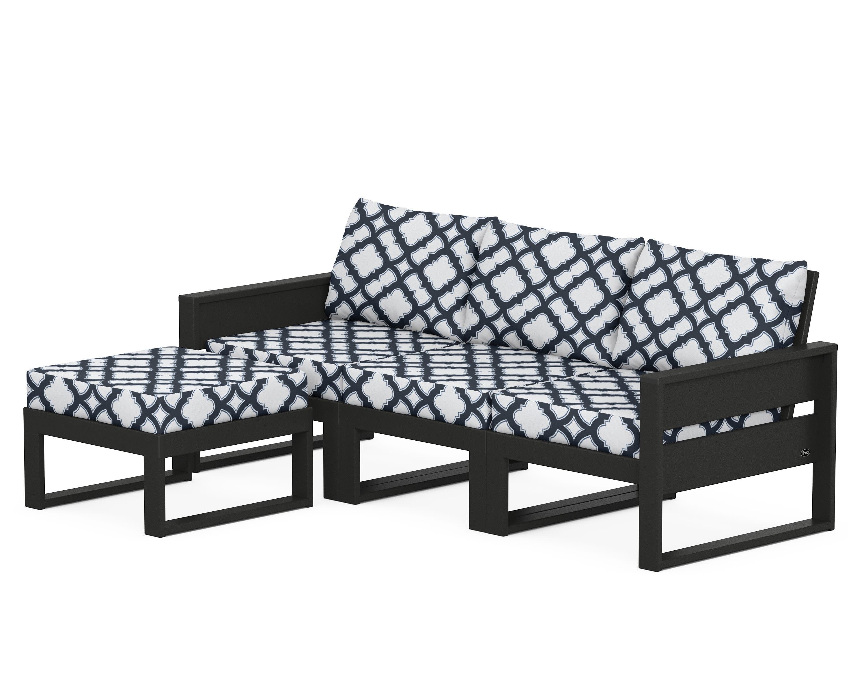 Eastport 4- Piece Sectional with Ottoman in Charcoal Black / Trellis Marine Indigo