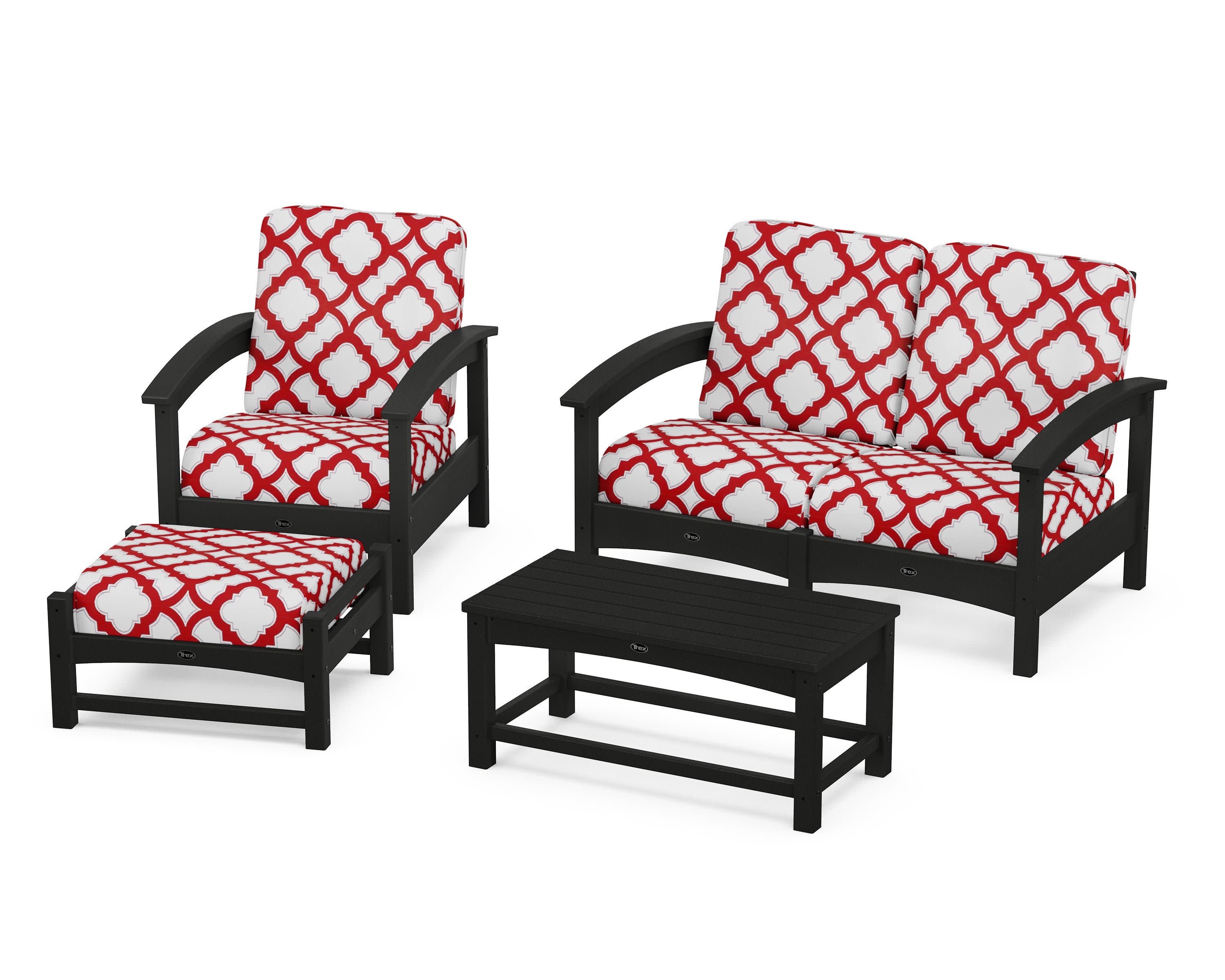 Rockport 4-Piece Deep Seating Conversation Group in Charcoal Black / Trellis Crimson