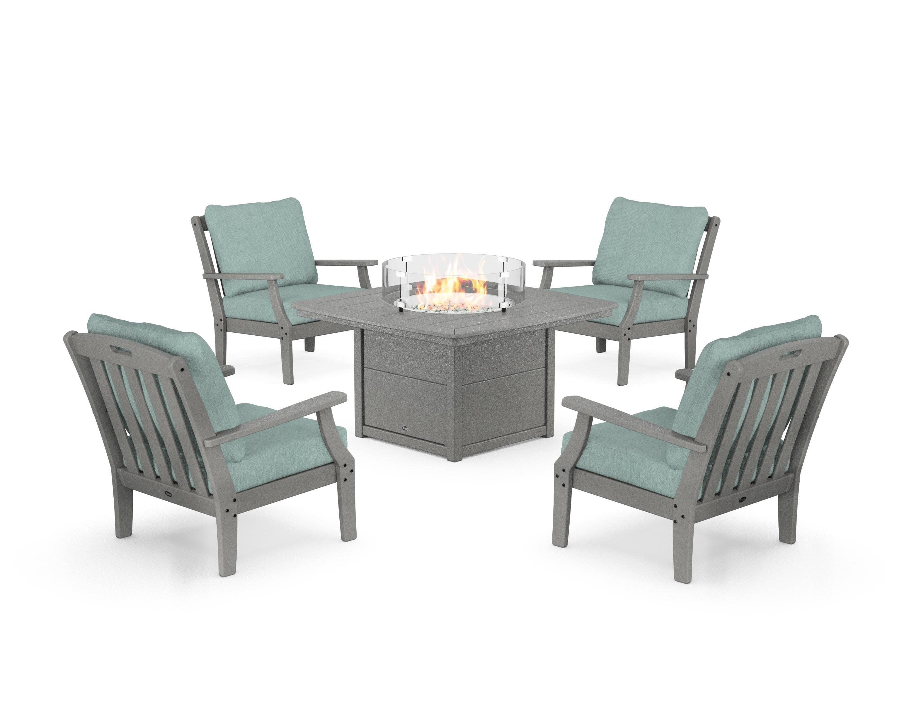 Yacht Club 5-Piece Deep Seating Set with Fire Pit Table in Stepping Stone / Glacier Spa