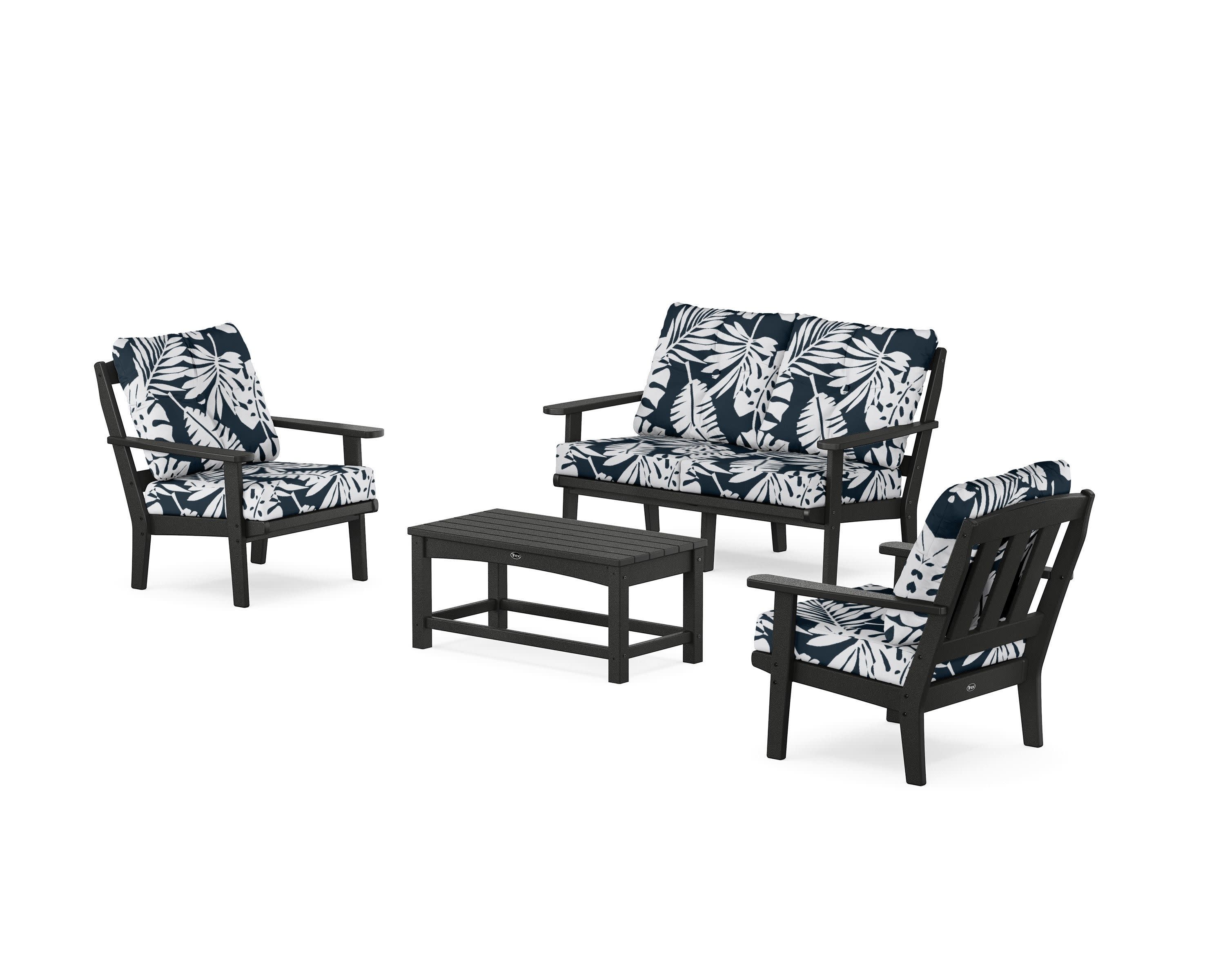 Cape Cod 4-Piece Deep Seating Set with Loveseat in Charcoal Black / Leaf Marine Indigo