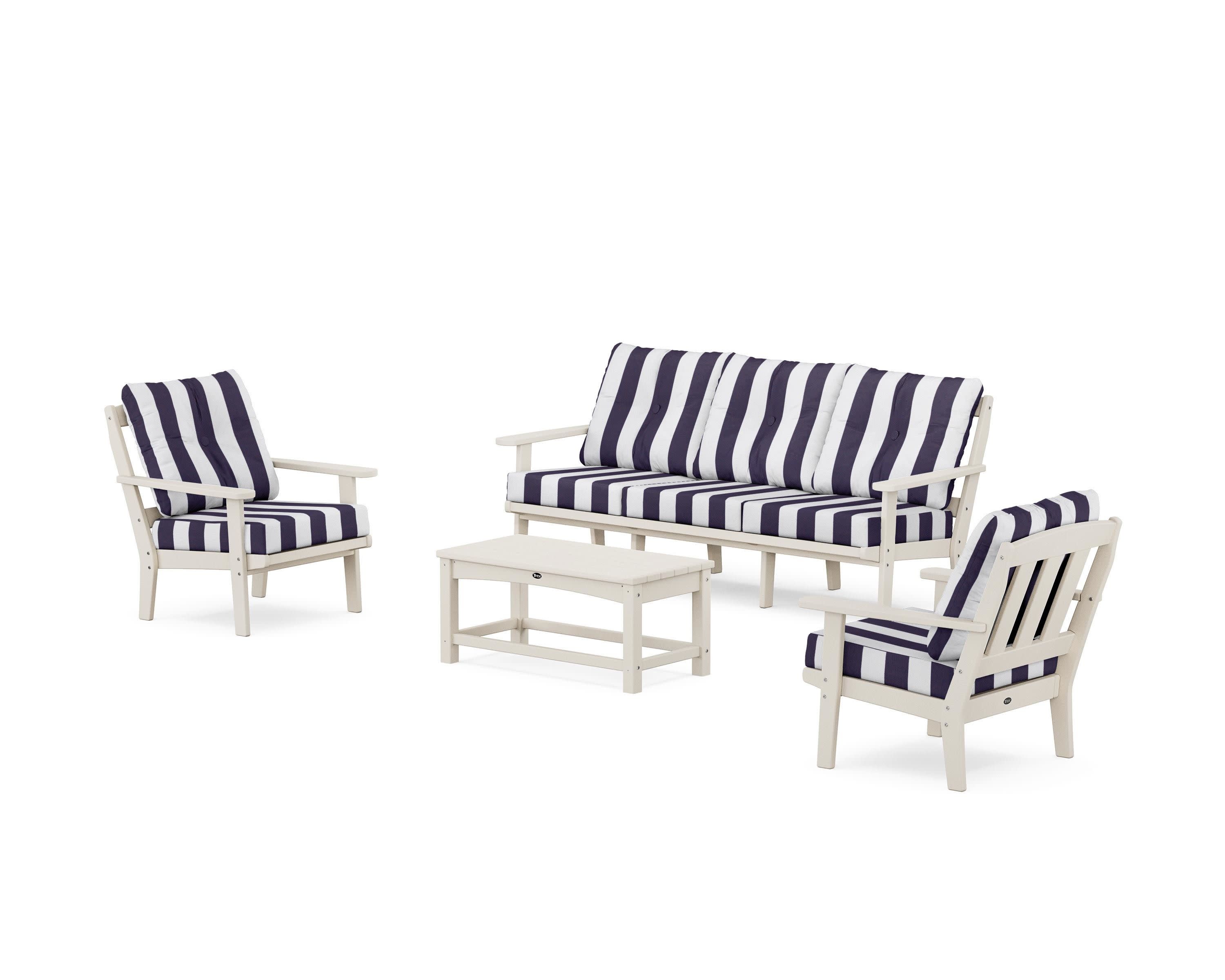Cape Cod 4-Piece Deep Seating Set with Sofa in Sand Castle / Cabana Stripe Navy