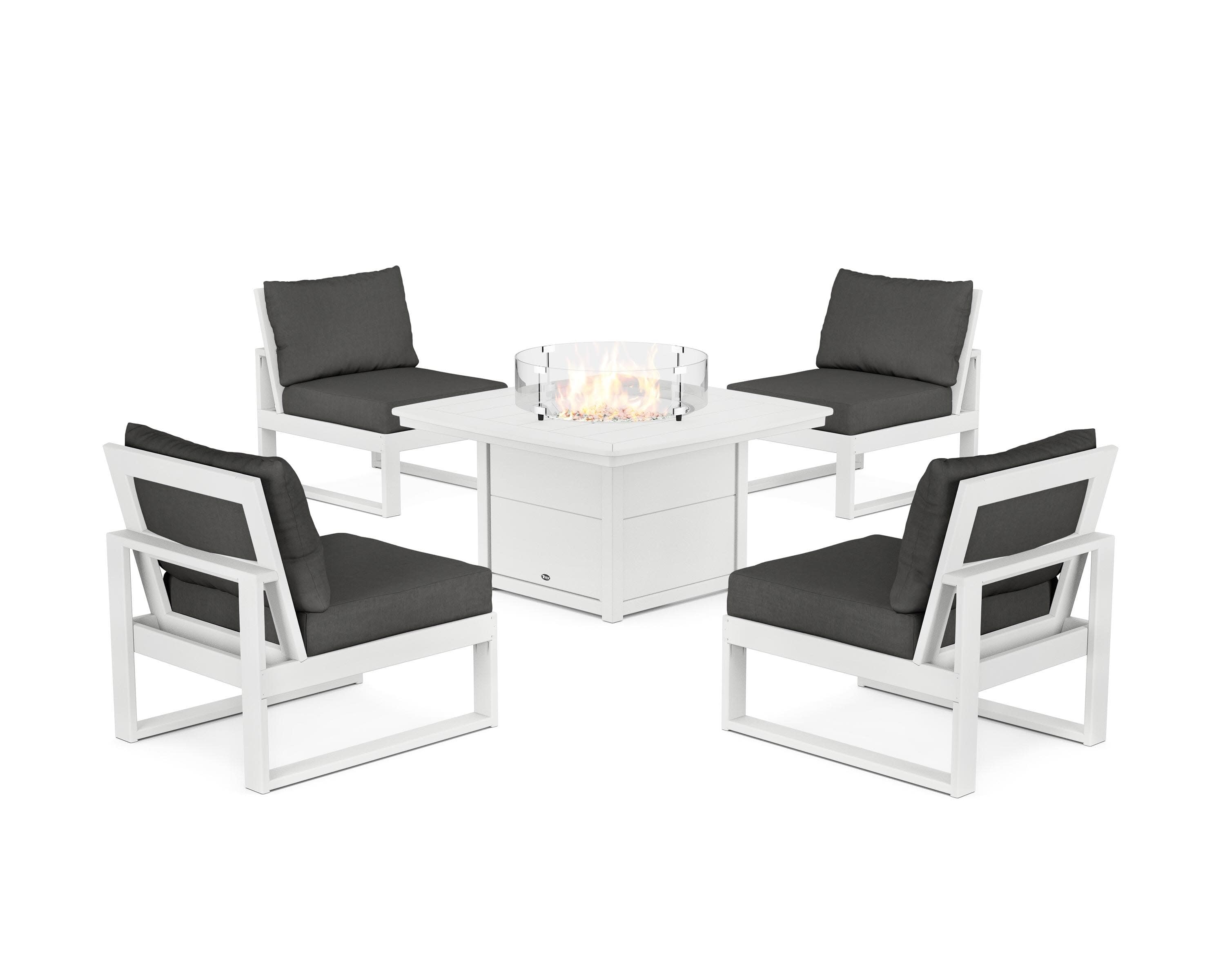 Eastport Modular 5-Piece Deep Seating Set with Yacht Club Fire Pit Table in Classic White / Spectrum Carbon