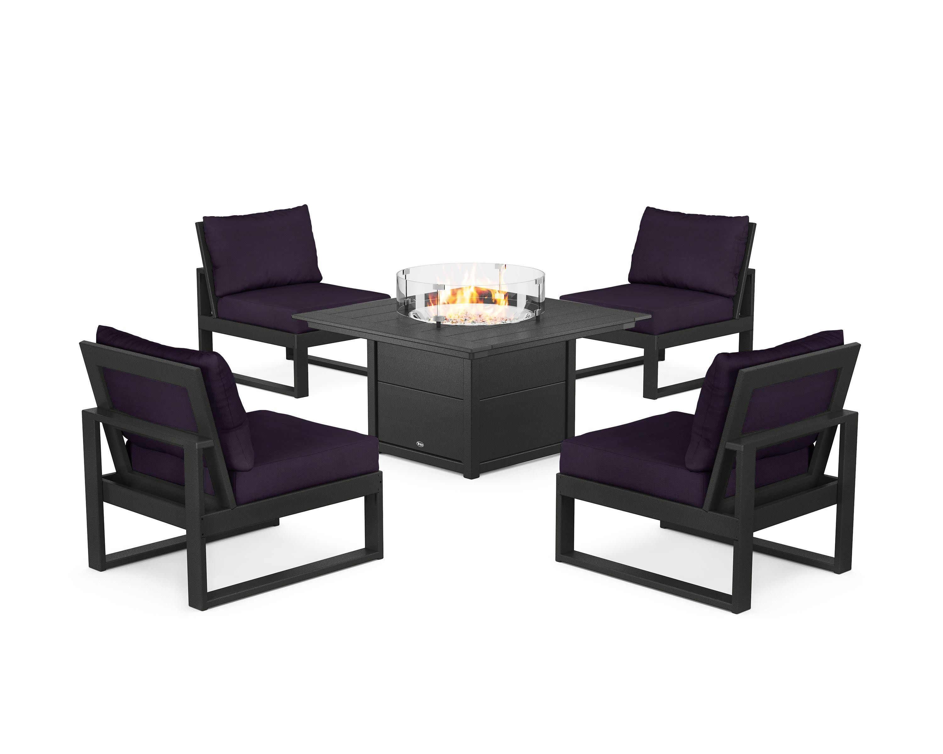 Eastport Modular 5-Piece Deep Seating Set with Square Fire Pit Table in Charcoal Black / Navy Linen