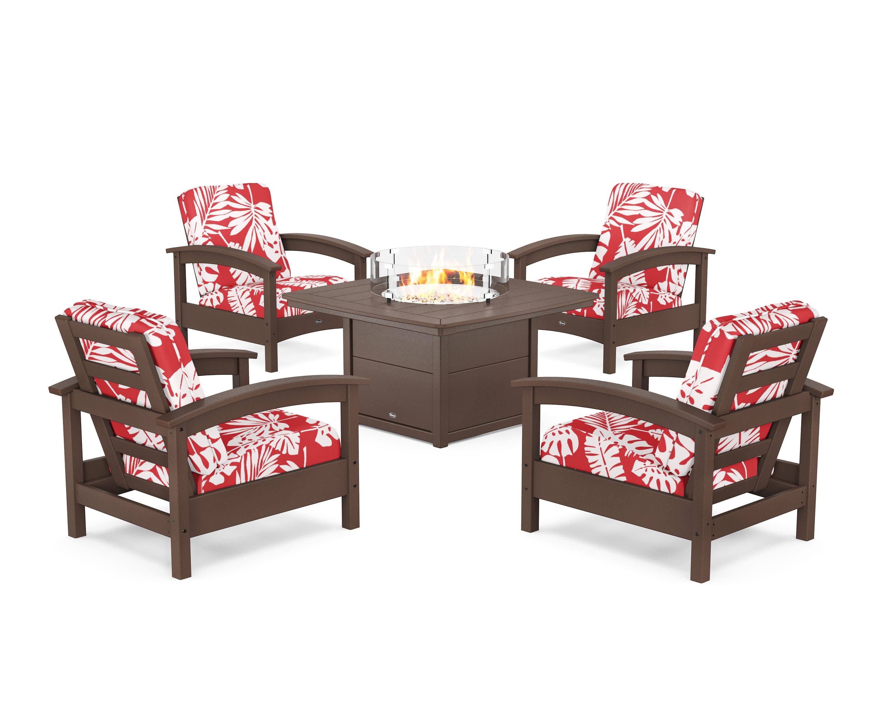 Rockport 5-Piece Deep Seating Set with Yacht Club Fire Pit Table in Vintage Lantern / Leaf Crimson
