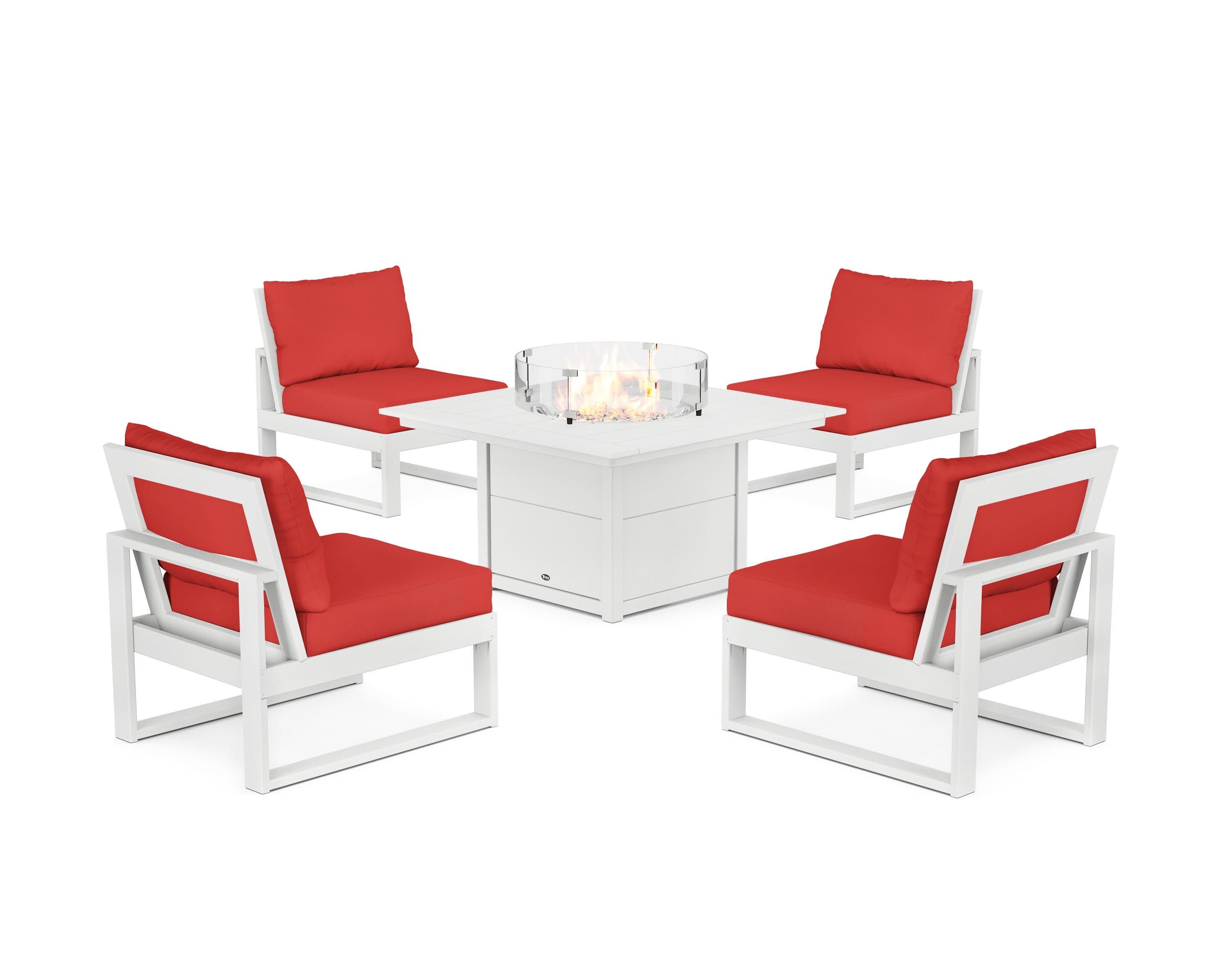 Eastport Modular 5-Piece Deep Seating Set with Square Fire Pit Table in Classic White / Crimson Linen