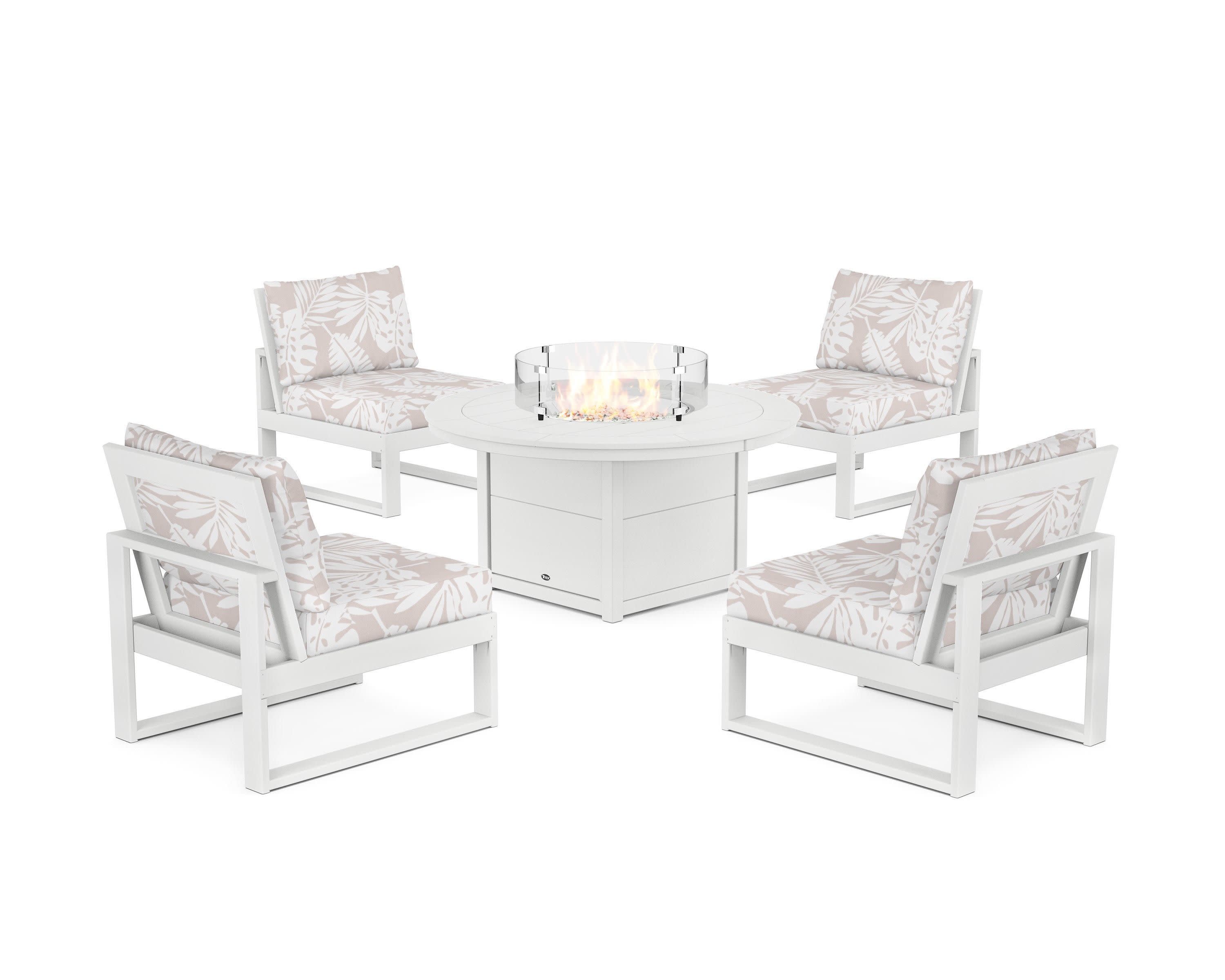 Eastport Modular 5-Piece Deep Seating Set with Round Fire Pit Table in Classic White / Leaf Dune Burlap