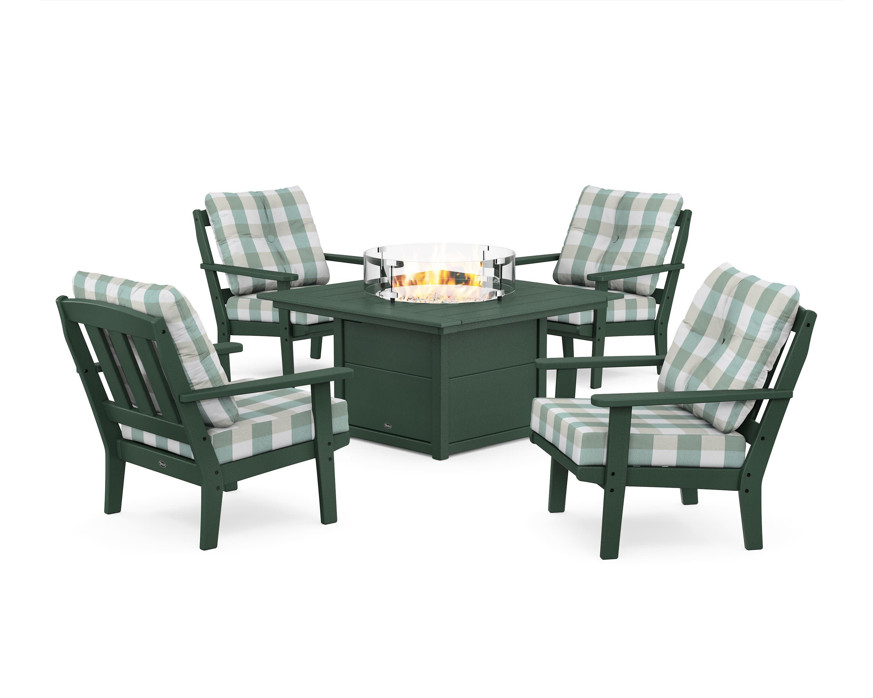 Cape Cod 5-Piece Deep Seating Set with Fire Pit Table in Rainforest Canopy / Buffalo Plaid Glacier Spa