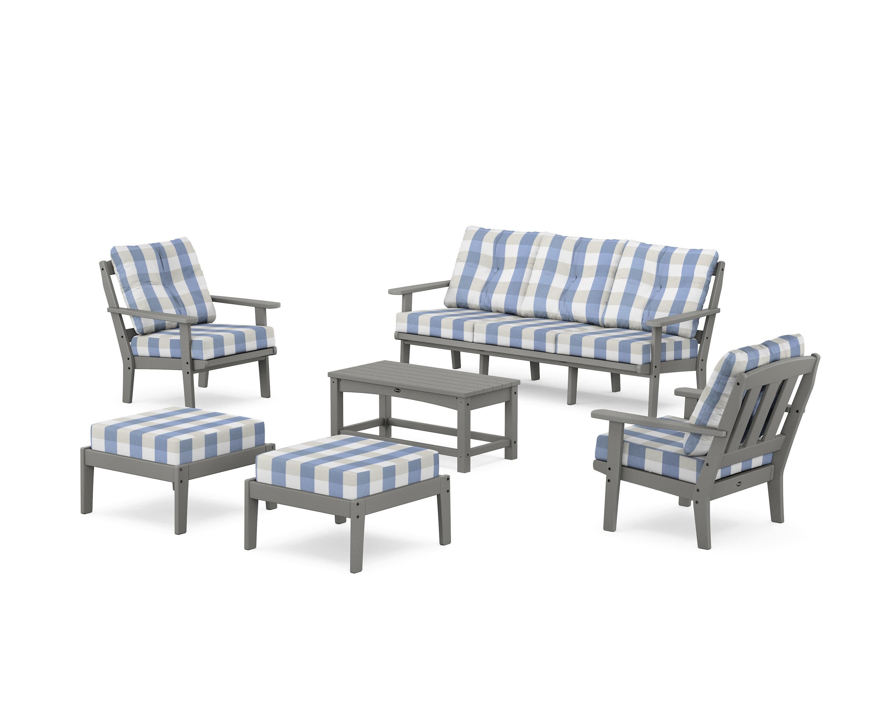 Cape Cod 6-Piece Lounge Sofa Set in Stepping Stone / Buffalo Plaid Sky Blue