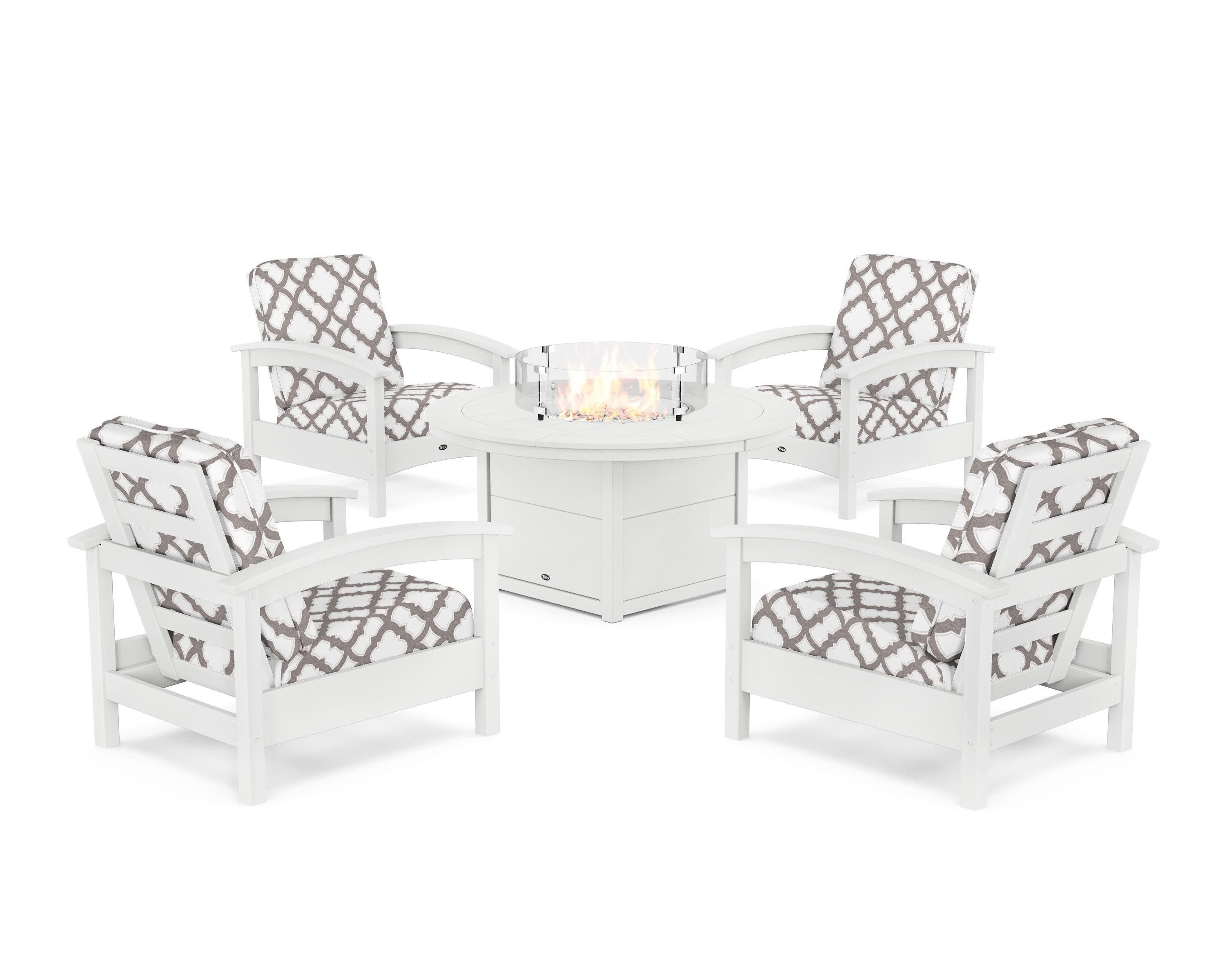 Rockport 5-Piece Deep Seating Set with Round Fire Pit Table in Classic White / Trellis Grey Mist