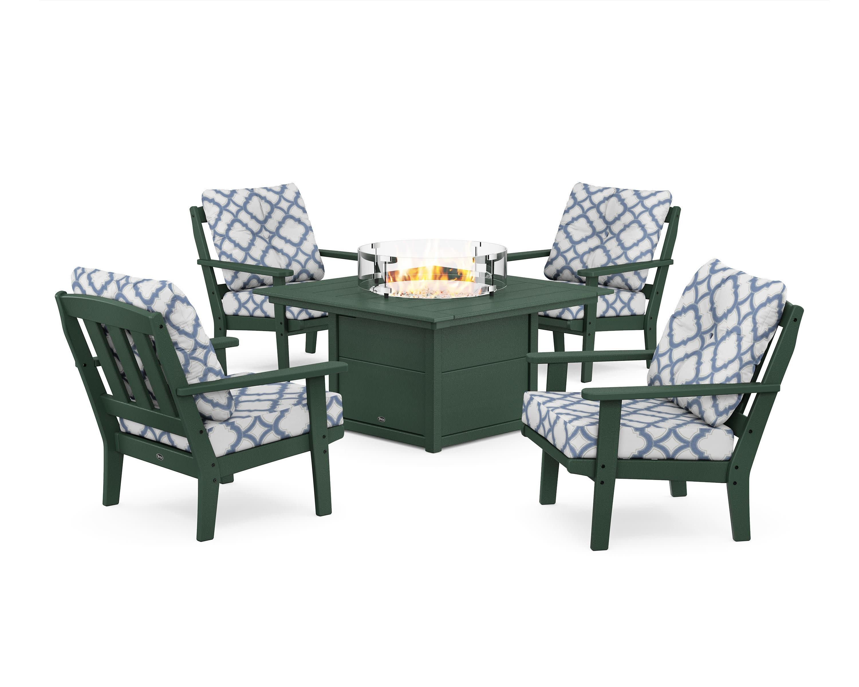 Cape Cod 5-Piece Deep Seating Set with Fire Pit Table in Rainforest Canopy / Trellis Sky Blue
