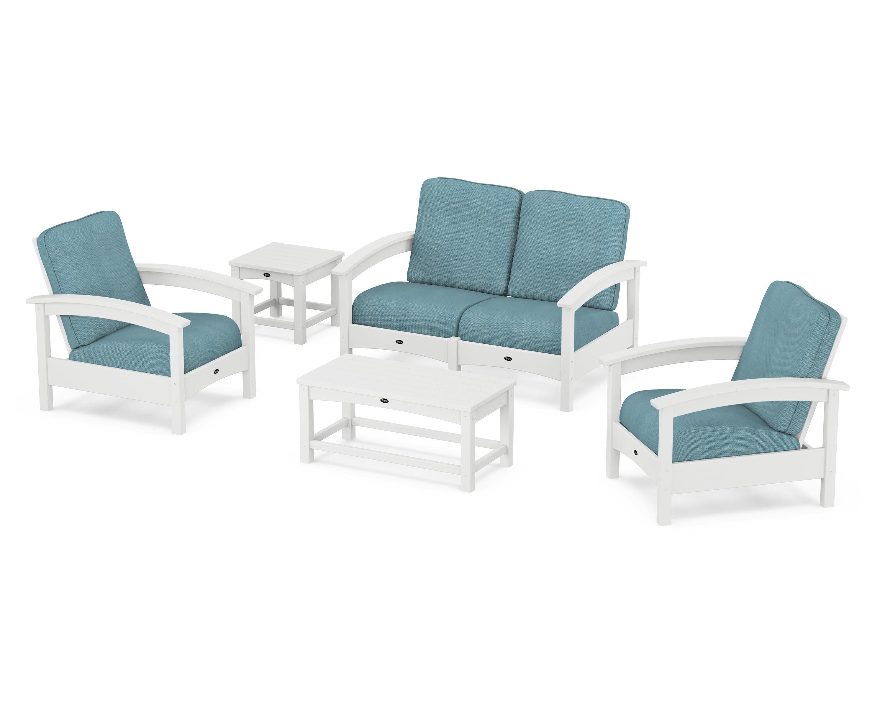 Rockport Club 6-Piece Deep Seating Conversation Set in Classic White / Lattice Sky Blue