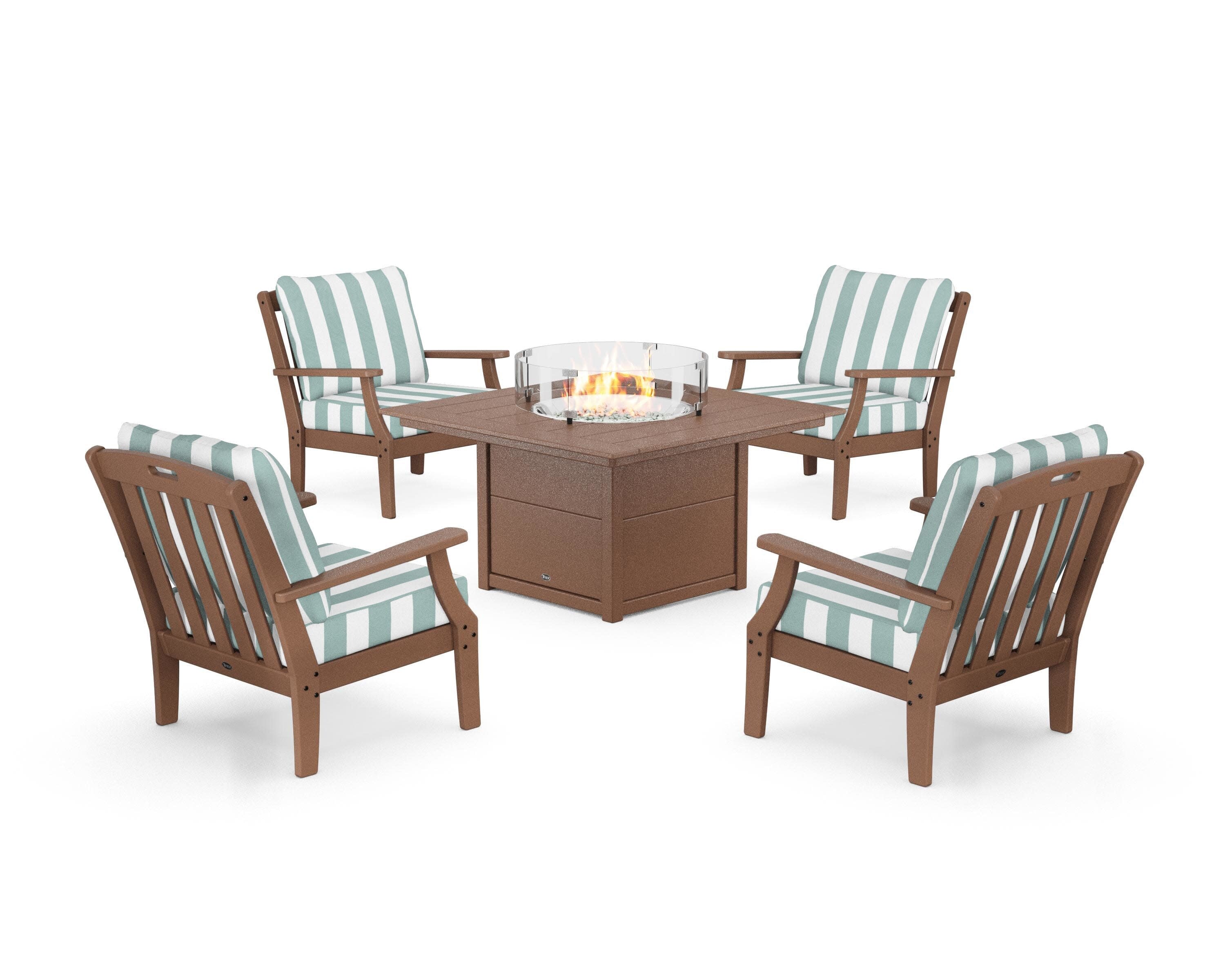 Yacht Club 5-Piece Deep Seating Set with Square Fire Pit Table in Tree House / Cabana Stripe Glacier Spa