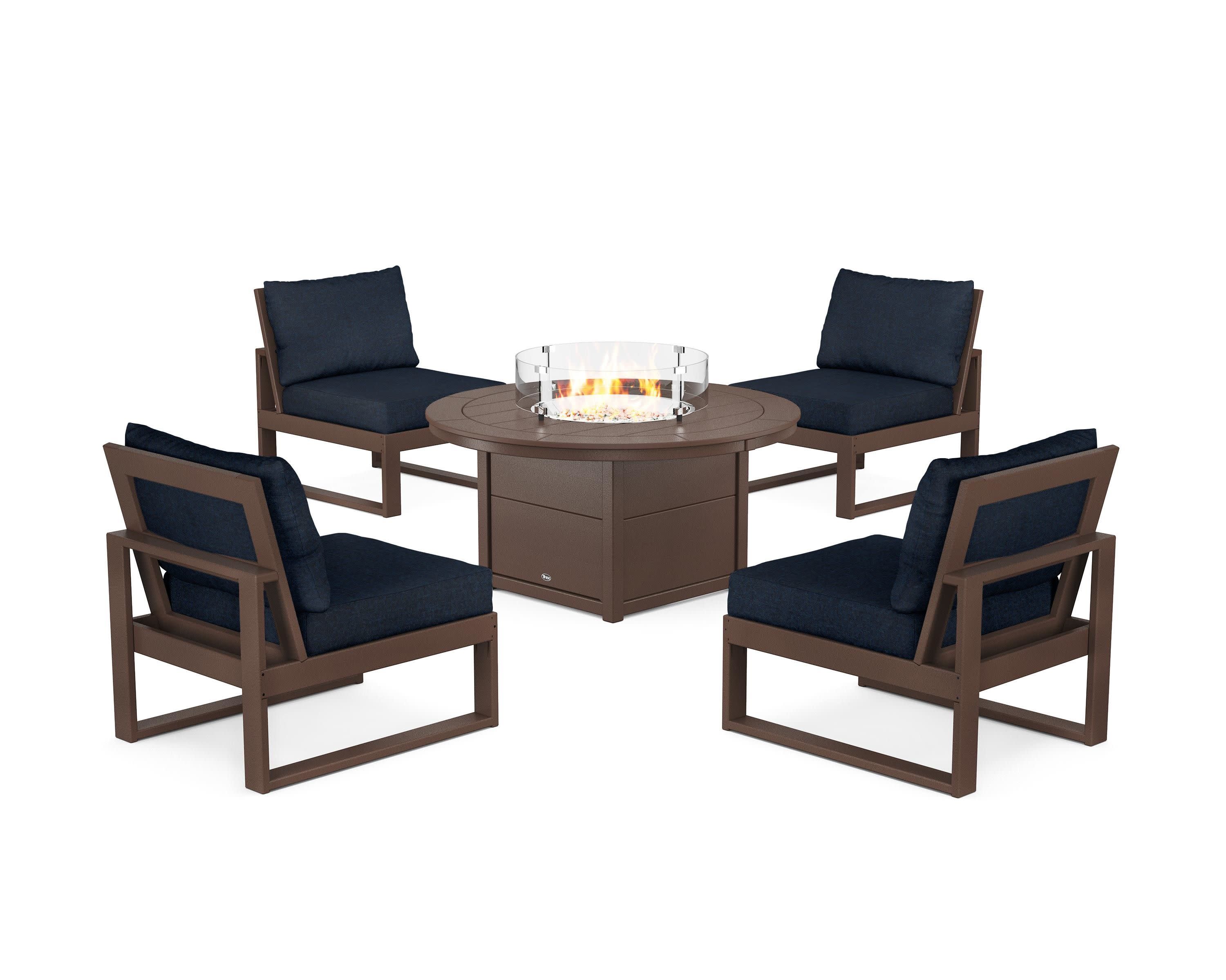 Eastport Modular 5-Piece Deep Seating Set with Round Fire Pit Table in Vintage Lantern / Marine Indigo
