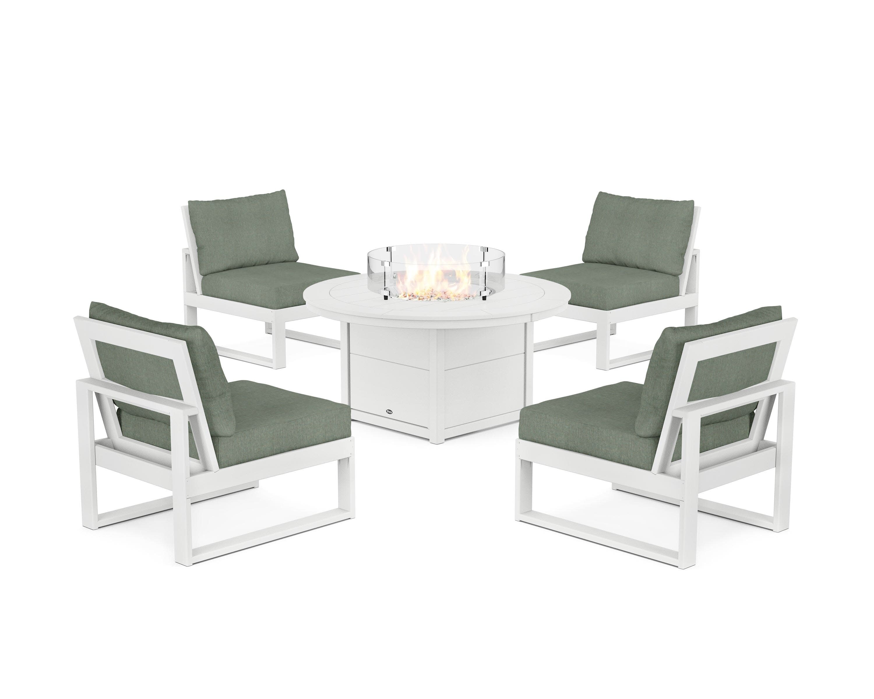 Eastport Modular 5-Piece Deep Seating Set with Round Fire Pit Table in Classic White / Cast Sage