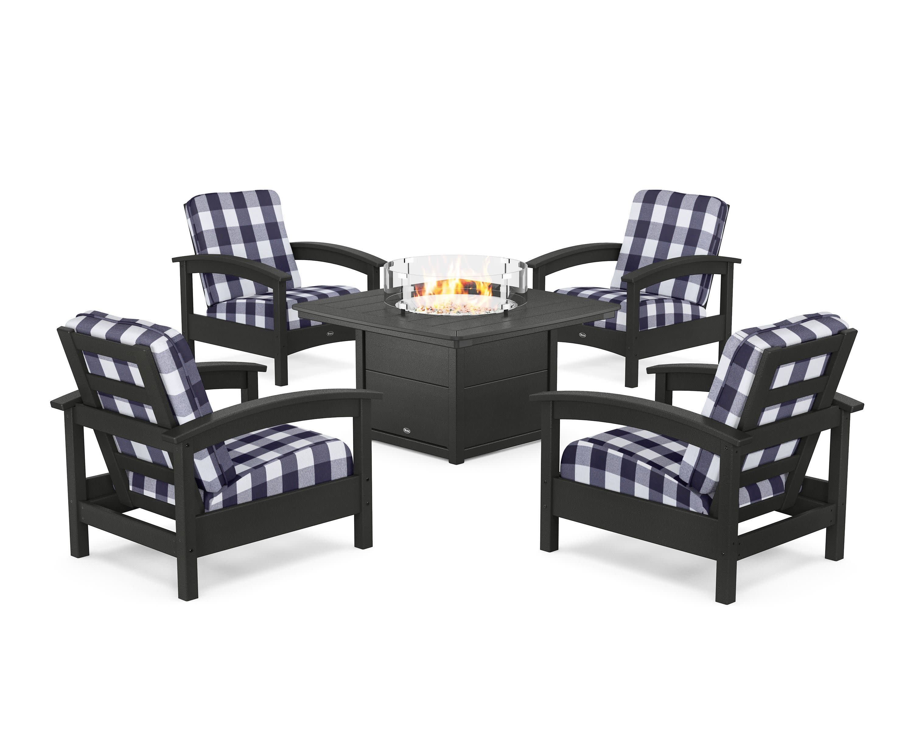 Rockport 5-Piece Deep Seating Set with Yacht Club Fire Pit Table in Charcoal Black / Buffalo Plaid Navy