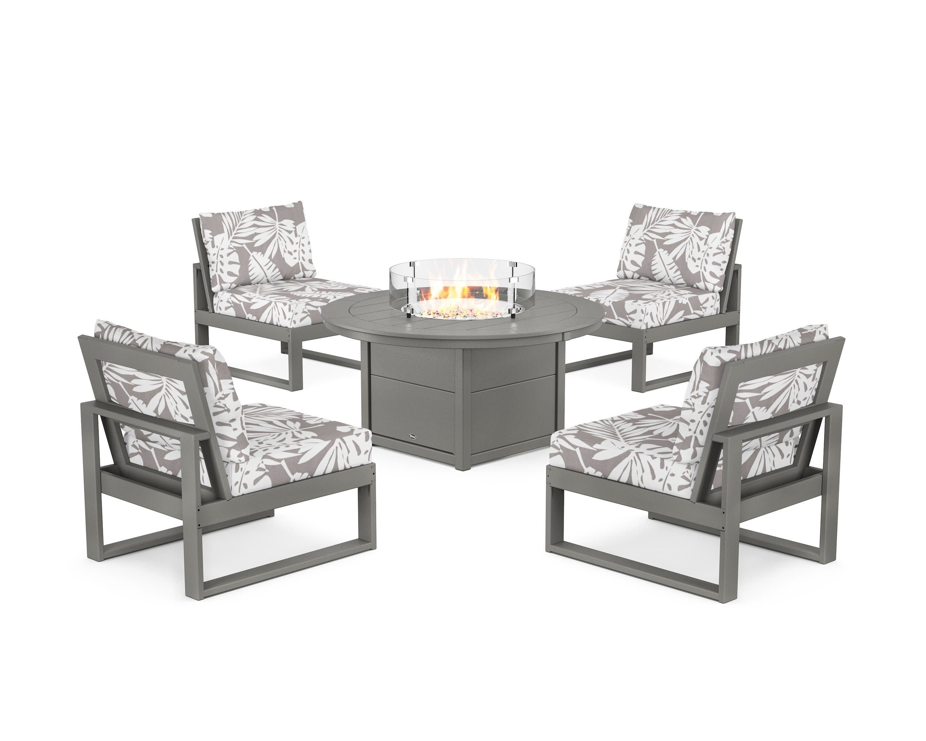 Eastport Modular 5-Piece Deep Seating Set with Round Fire Pit Table in Stepping Stone / Leaf Grey Mist