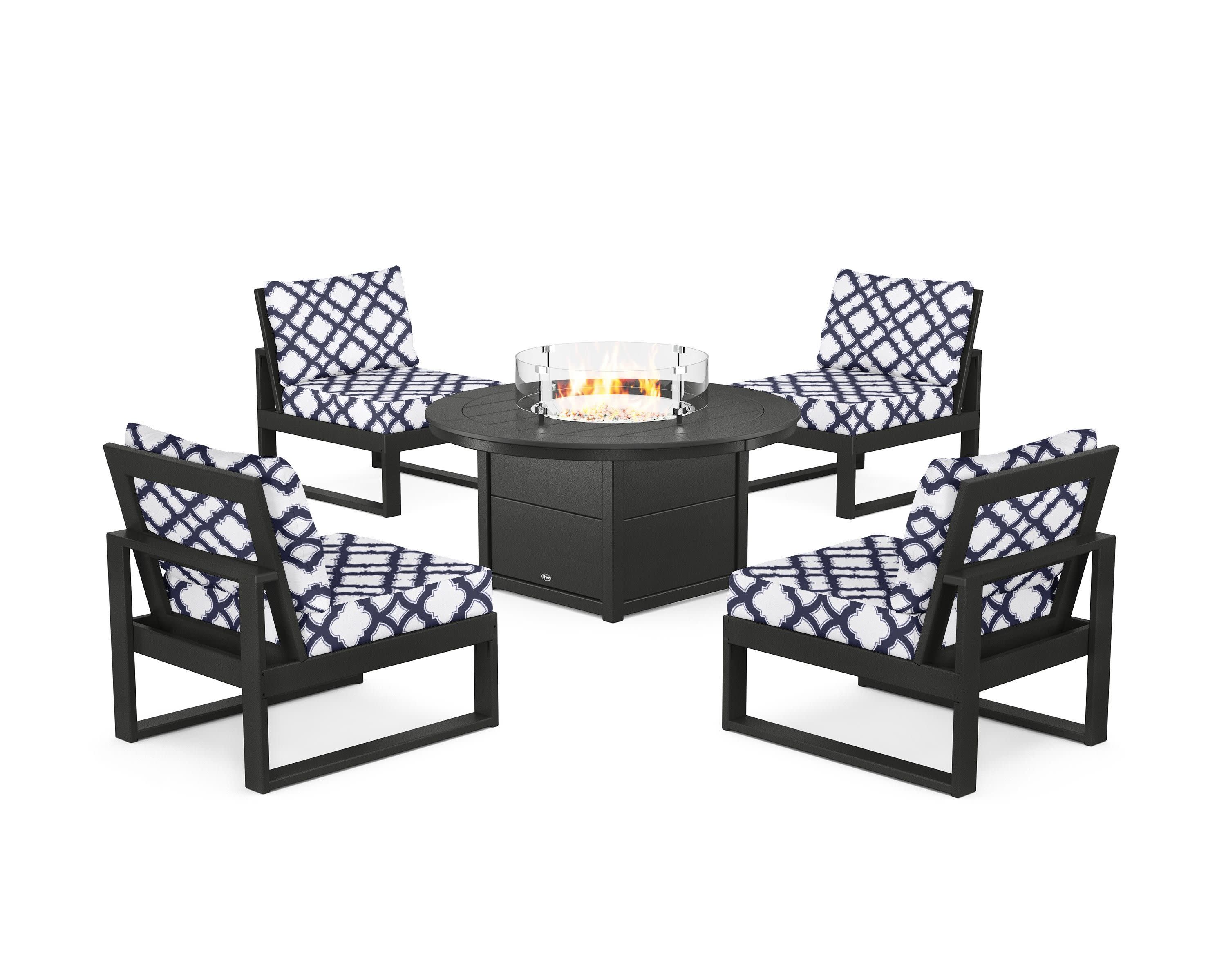 Eastport Modular 5-Piece Deep Seating Set with Round Fire Pit Table in Charcoal Black / Trellis Navy