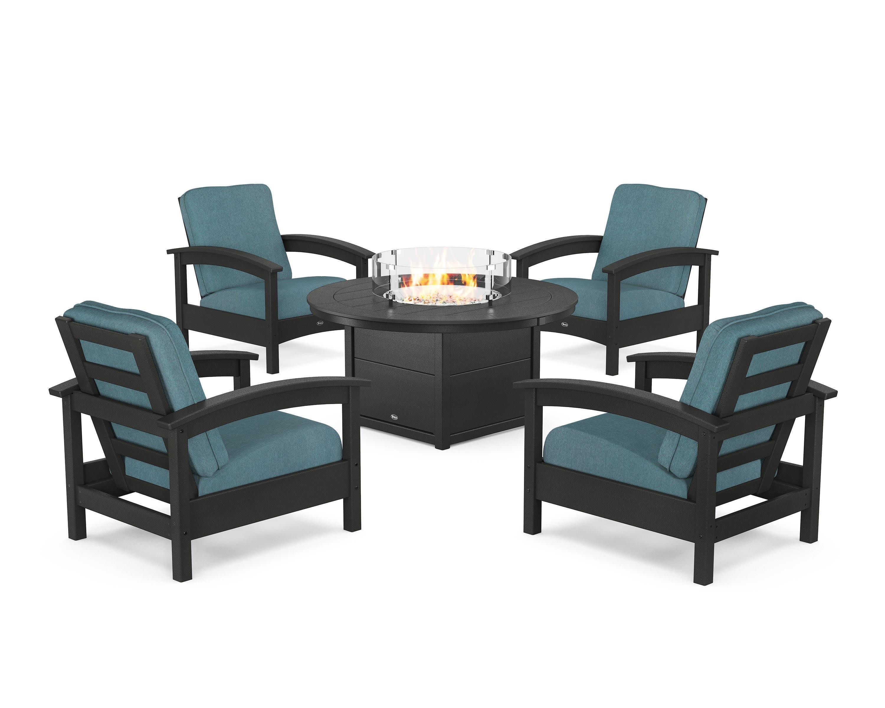 Rockport 5-Piece Deep Seating Set with Round Fire Pit Table in Charcoal Black / Ocean Teal