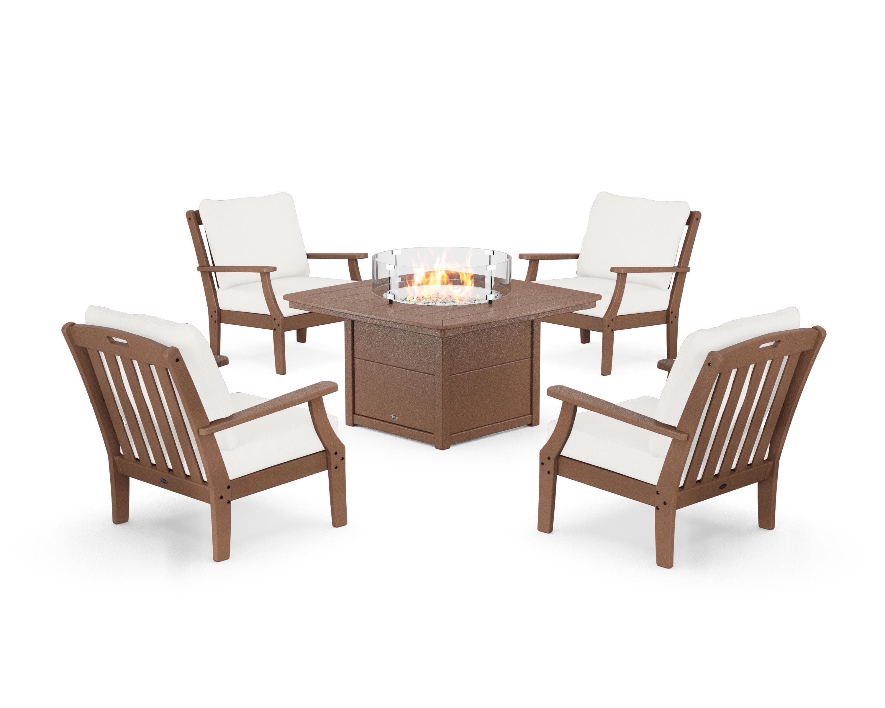 Yacht Club 5-Piece Deep Seating Set with Fire Pit Table in Tree House / Natural Linen