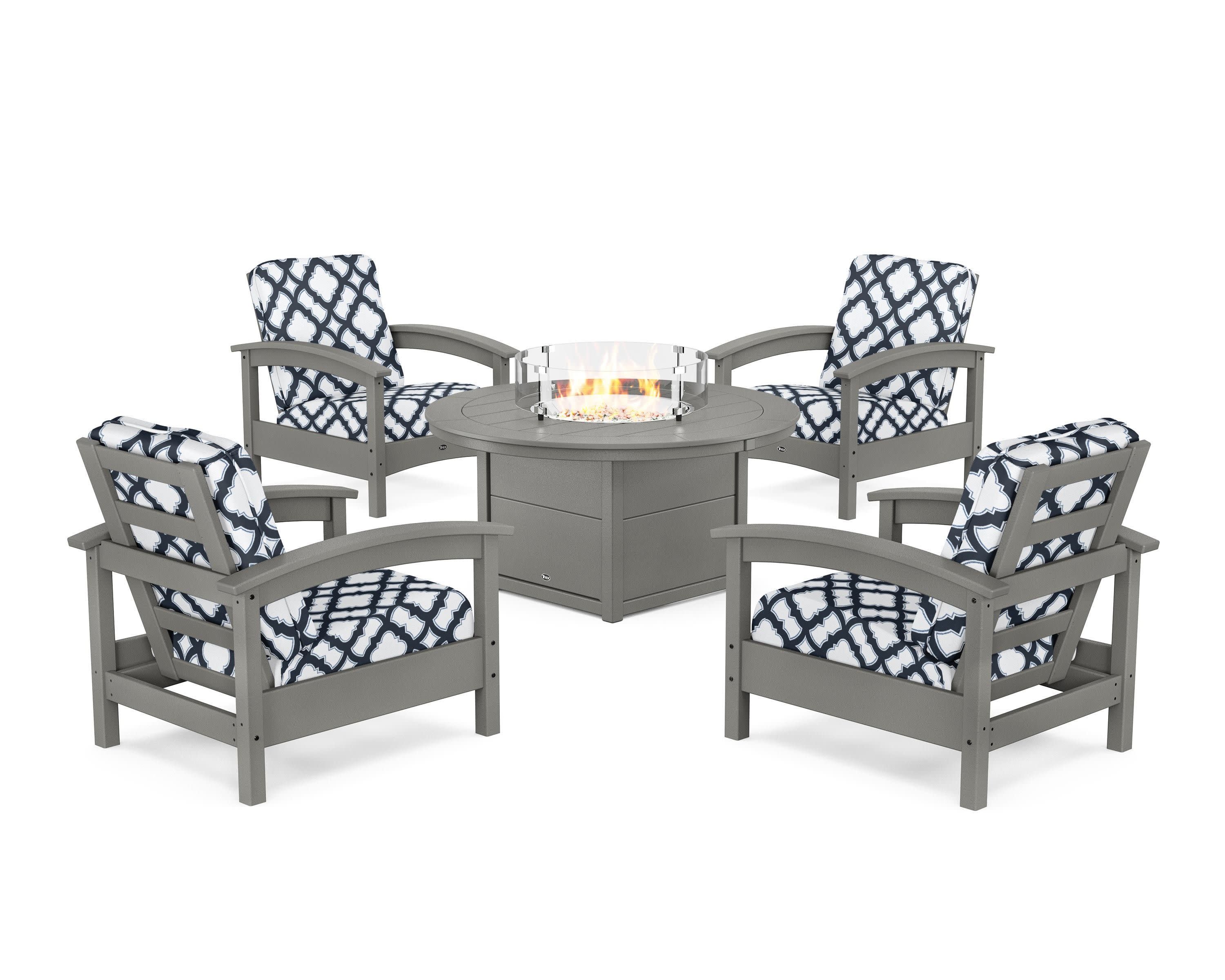 Rockport 5-Piece Deep Seating Set with Round Fire Pit Table in Stepping Stone / Trellis Marine Indigo