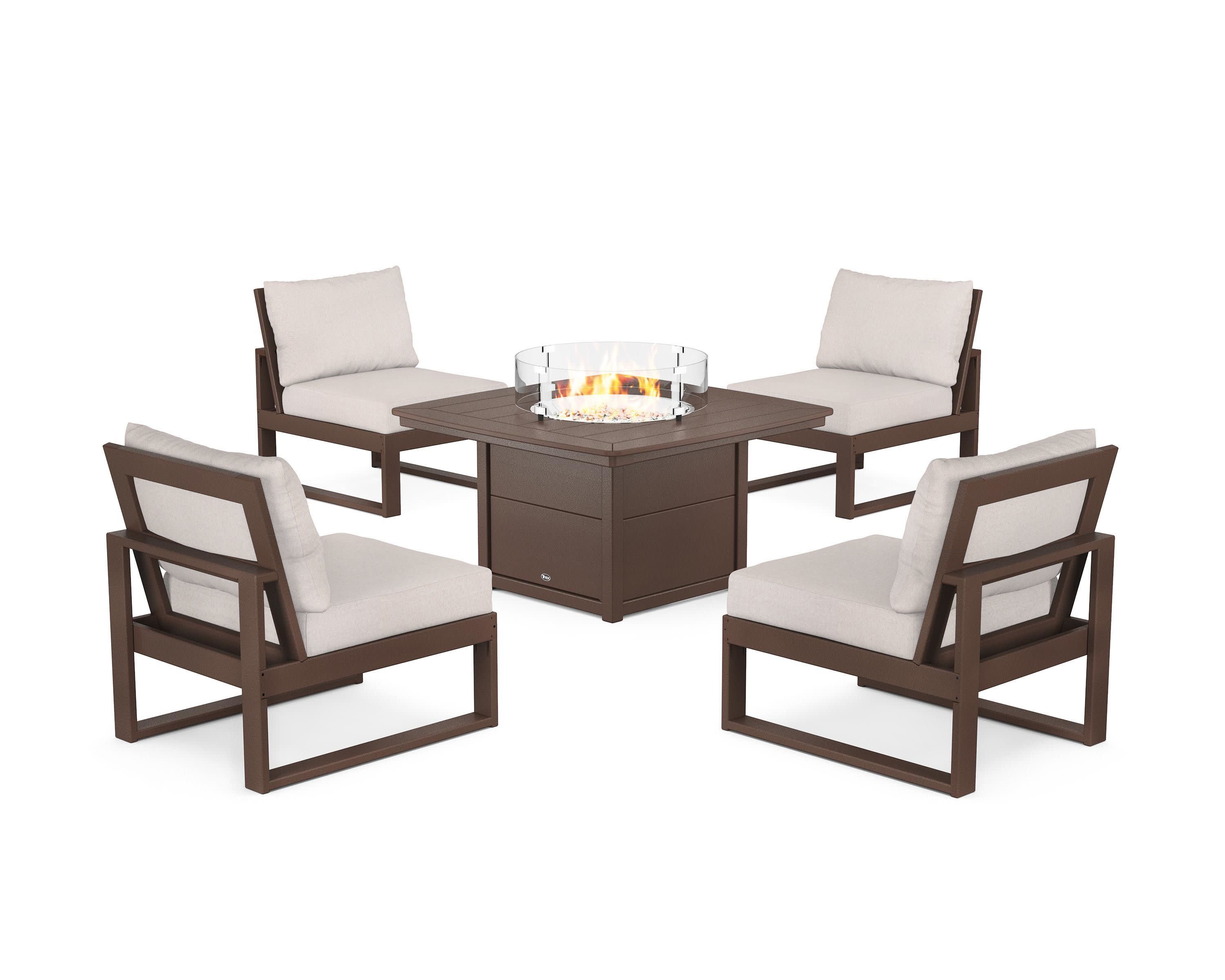 Eastport Modular 5-Piece Deep Seating Set with Yacht Club Fire Pit Table in Vintage Lantern / Dune Burlap