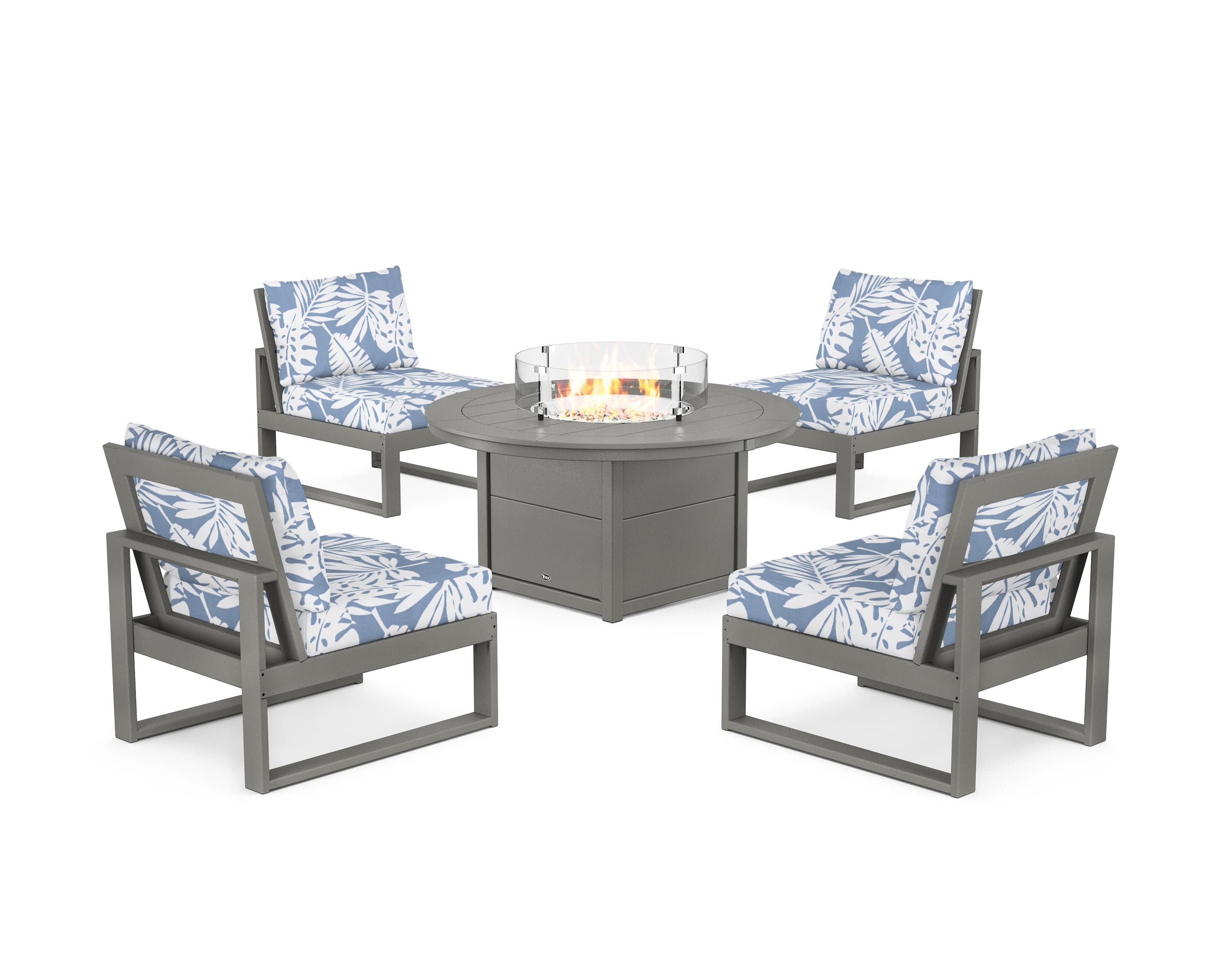 Eastport Modular 5-Piece Deep Seating Set with Round Fire Pit Table in Stepping Stone / Leaf Sky Blue