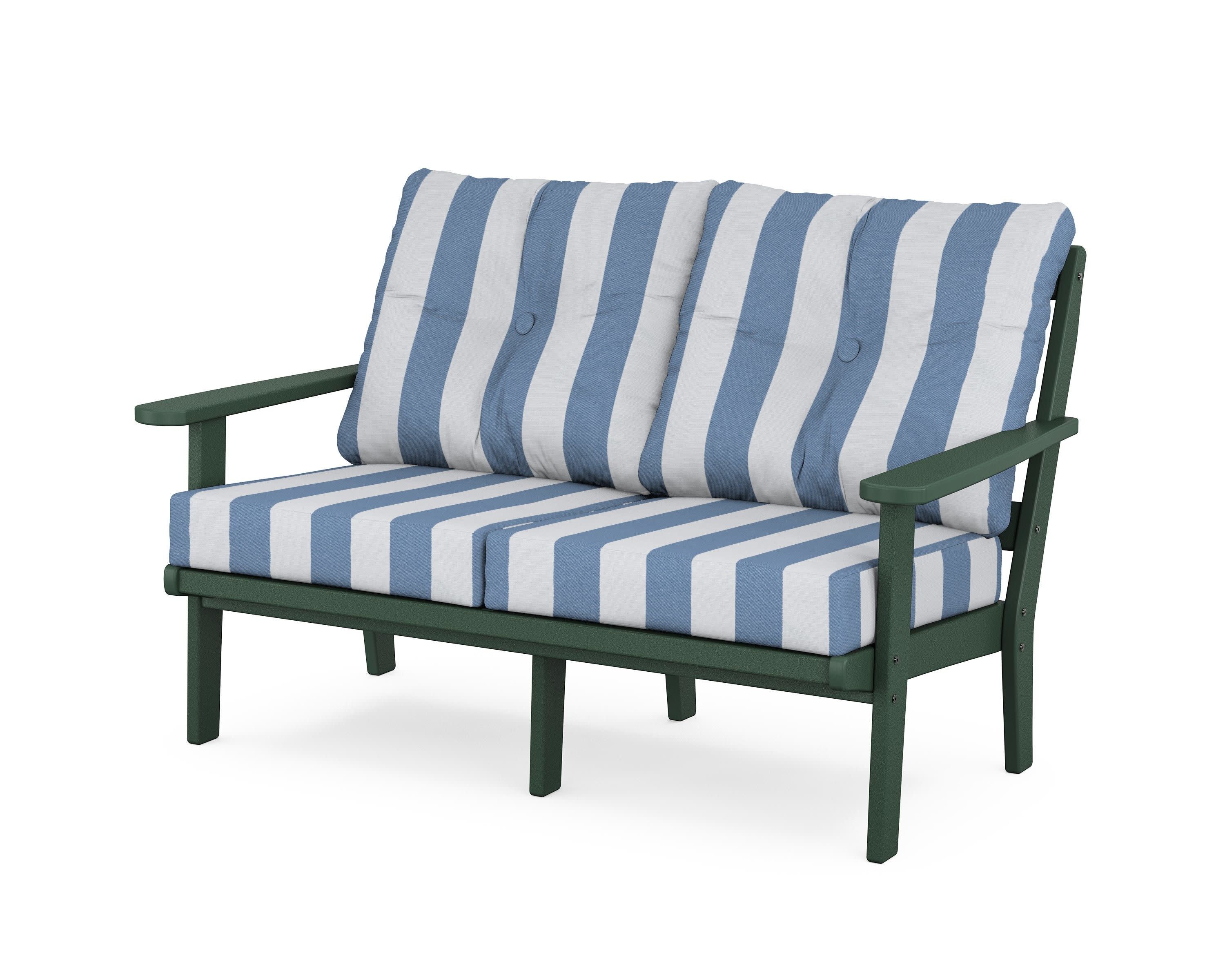 Cape Cod Deep Seating Loveseat in Rainforest Canopy / Cabana Stripe Sky Blue
