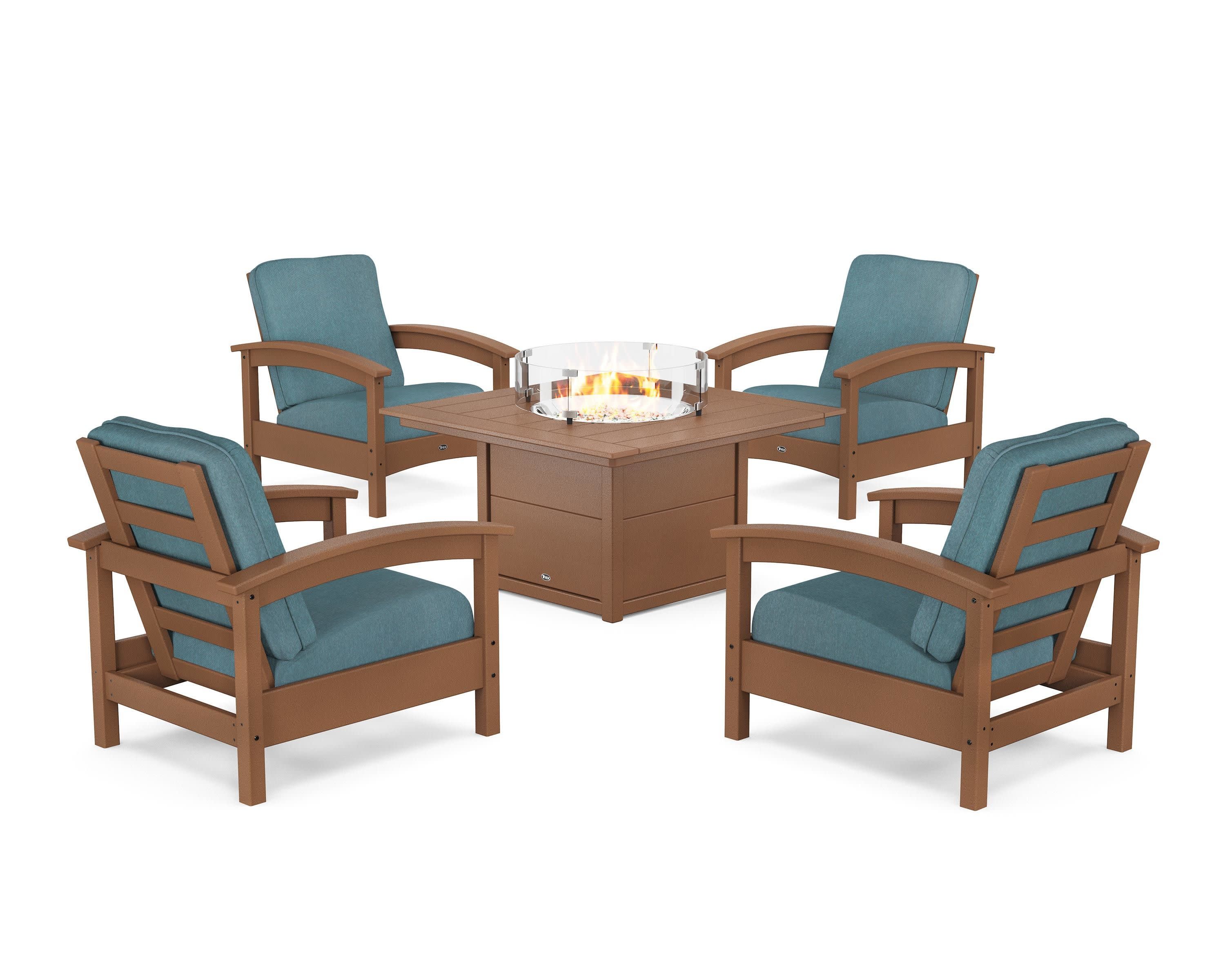 Rockport 5-Piece Deep Seating Set with Square Fire Pit Table in Tree House / Ocean Teal