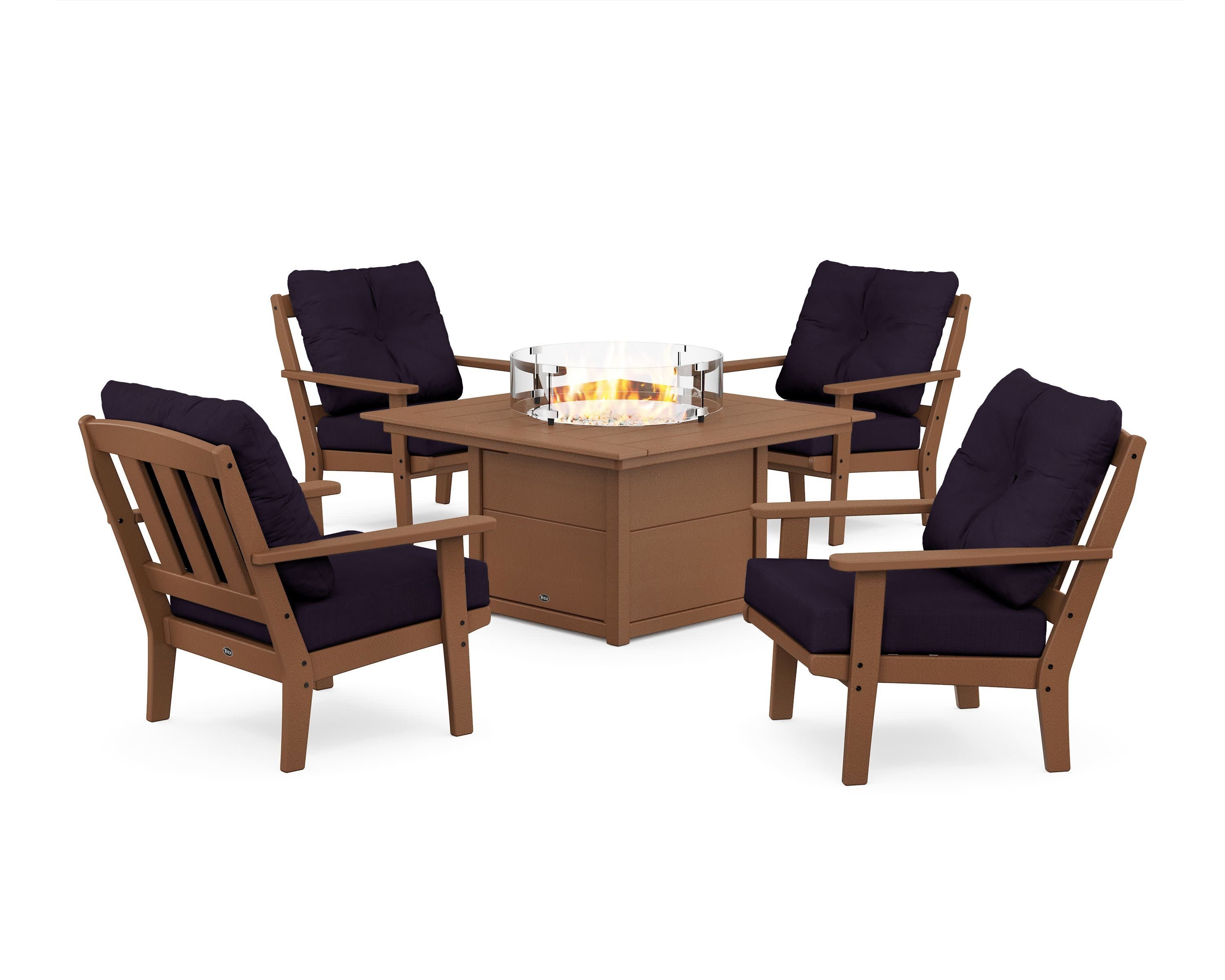Cape Cod 5-Piece Deep Seating Set with Fire Pit Table in Tree House / Navy Linen