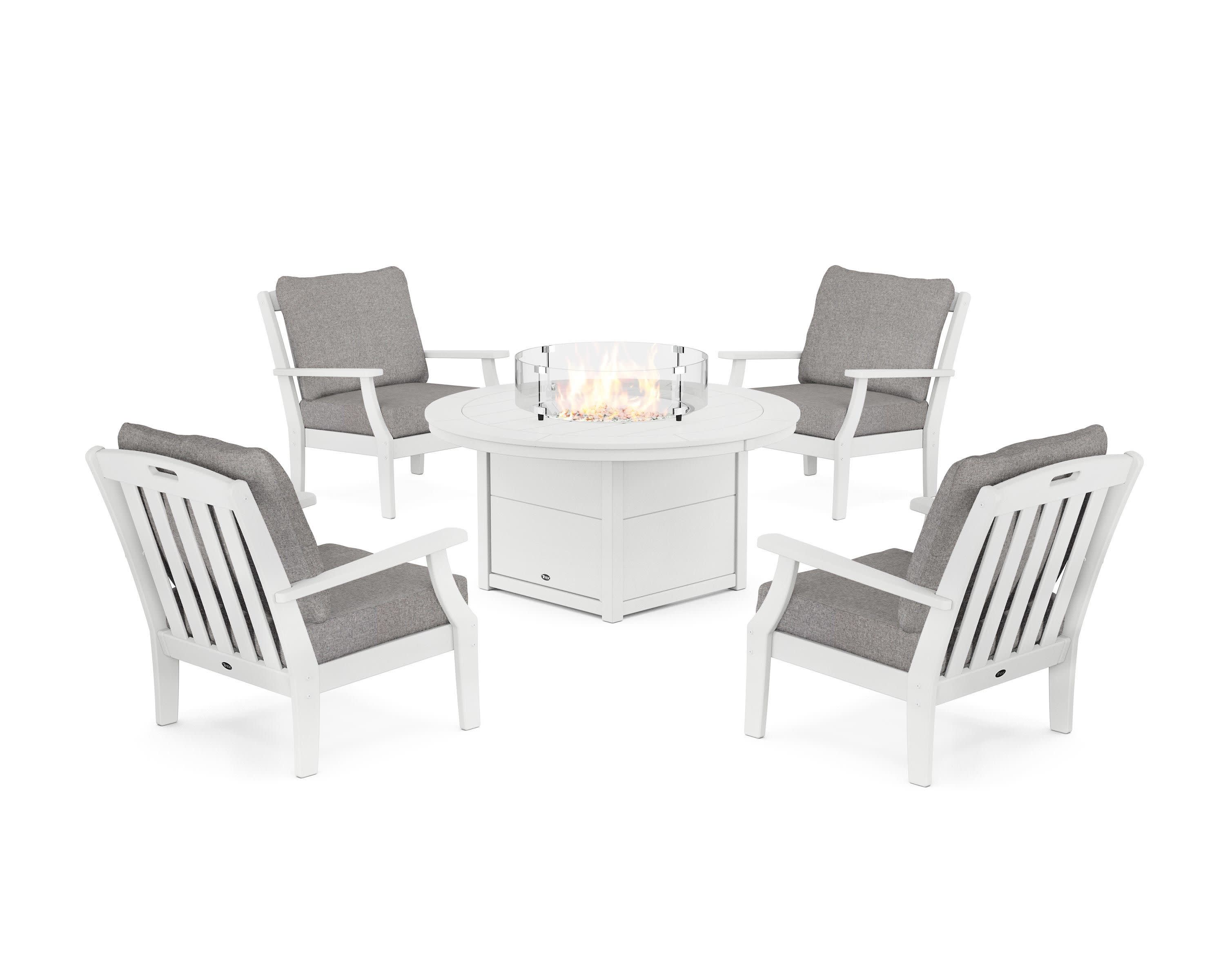 Yacht Club 5-Piece Deep Seating Set with Round Fire Pit Table in Classic White / Grey Mist