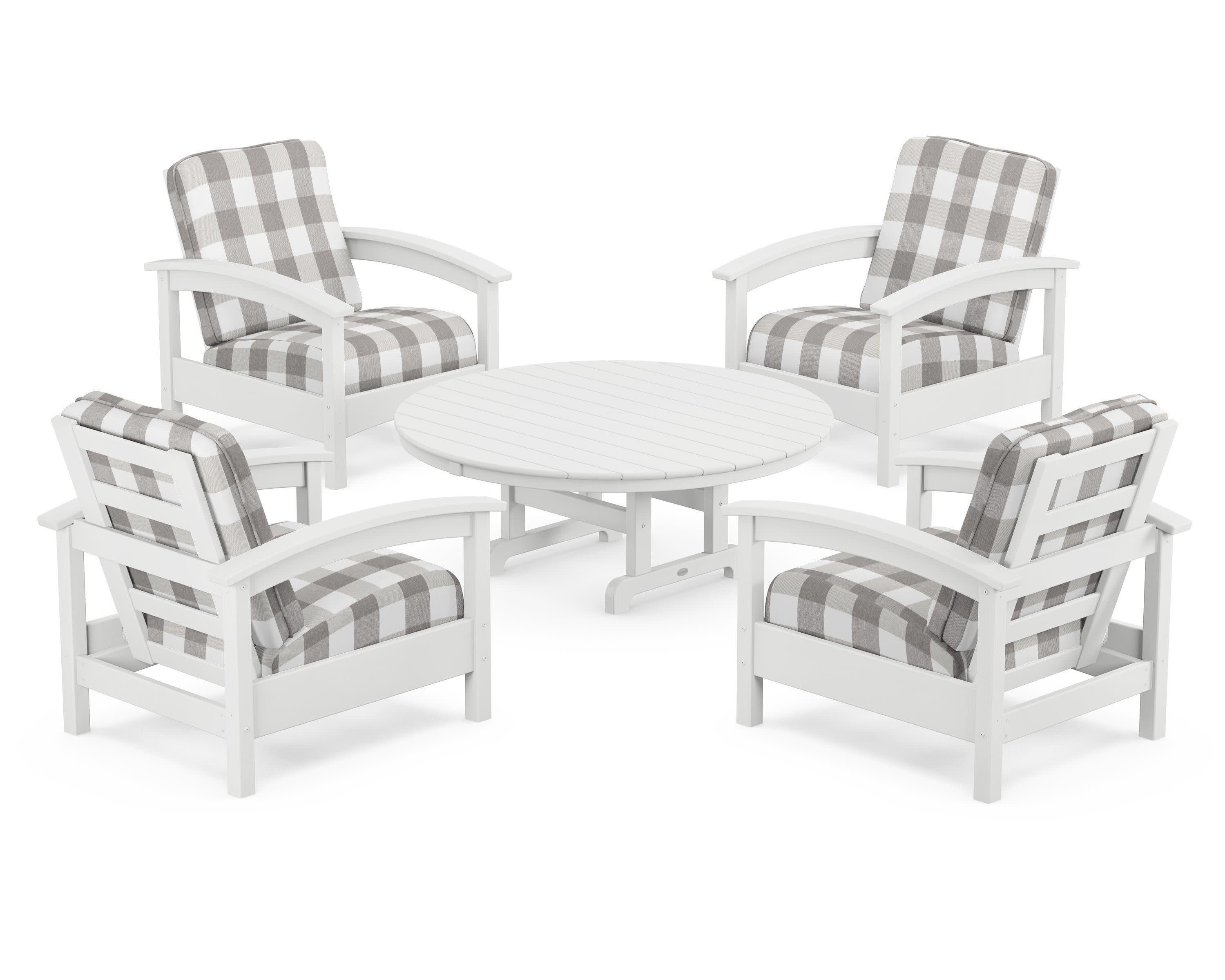 Rockport 5-Piece Deep Seating Set in Classic White / Buffalo Plaid Grey Mist