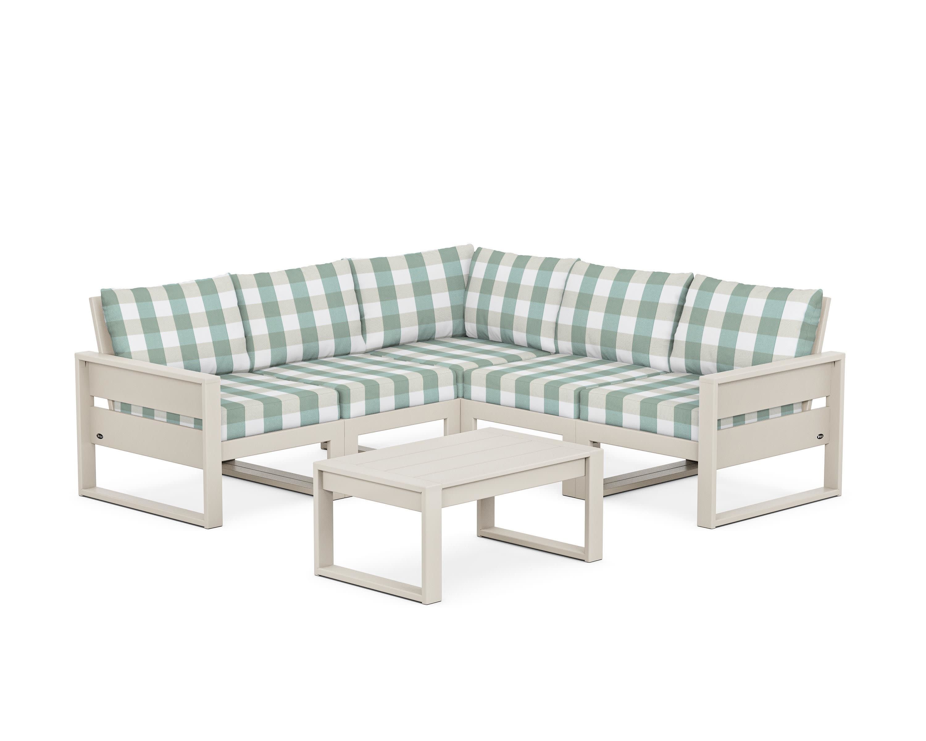 Eastport 6-Piece Deep Seating Sectional + Coffee Table Set in Sand Castle / Buffalo Plaid Glacier Spa