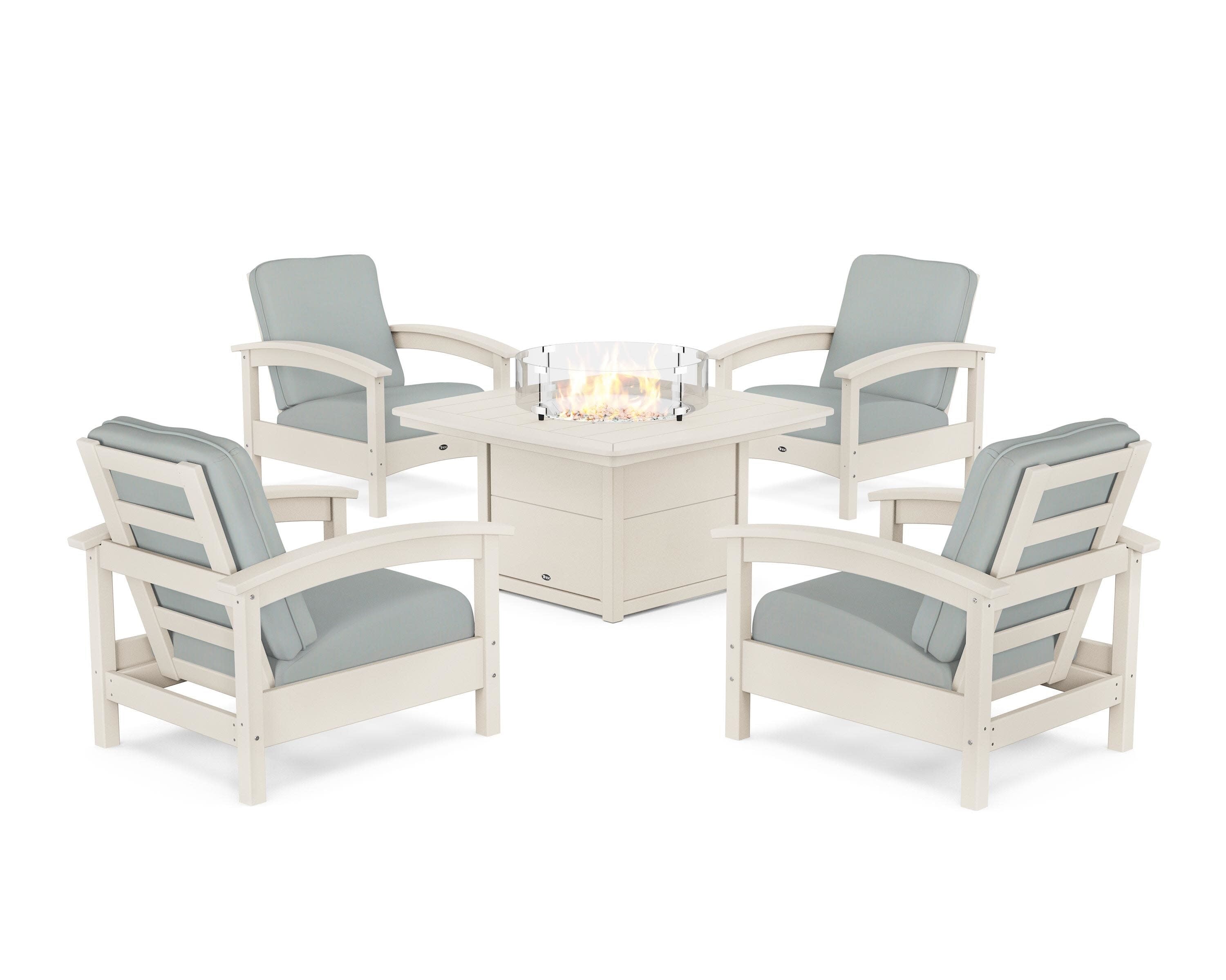 Rockport 5-Piece Deep Seating Set with Yacht Club Fire Pit Table in Sand Castle / Spa
