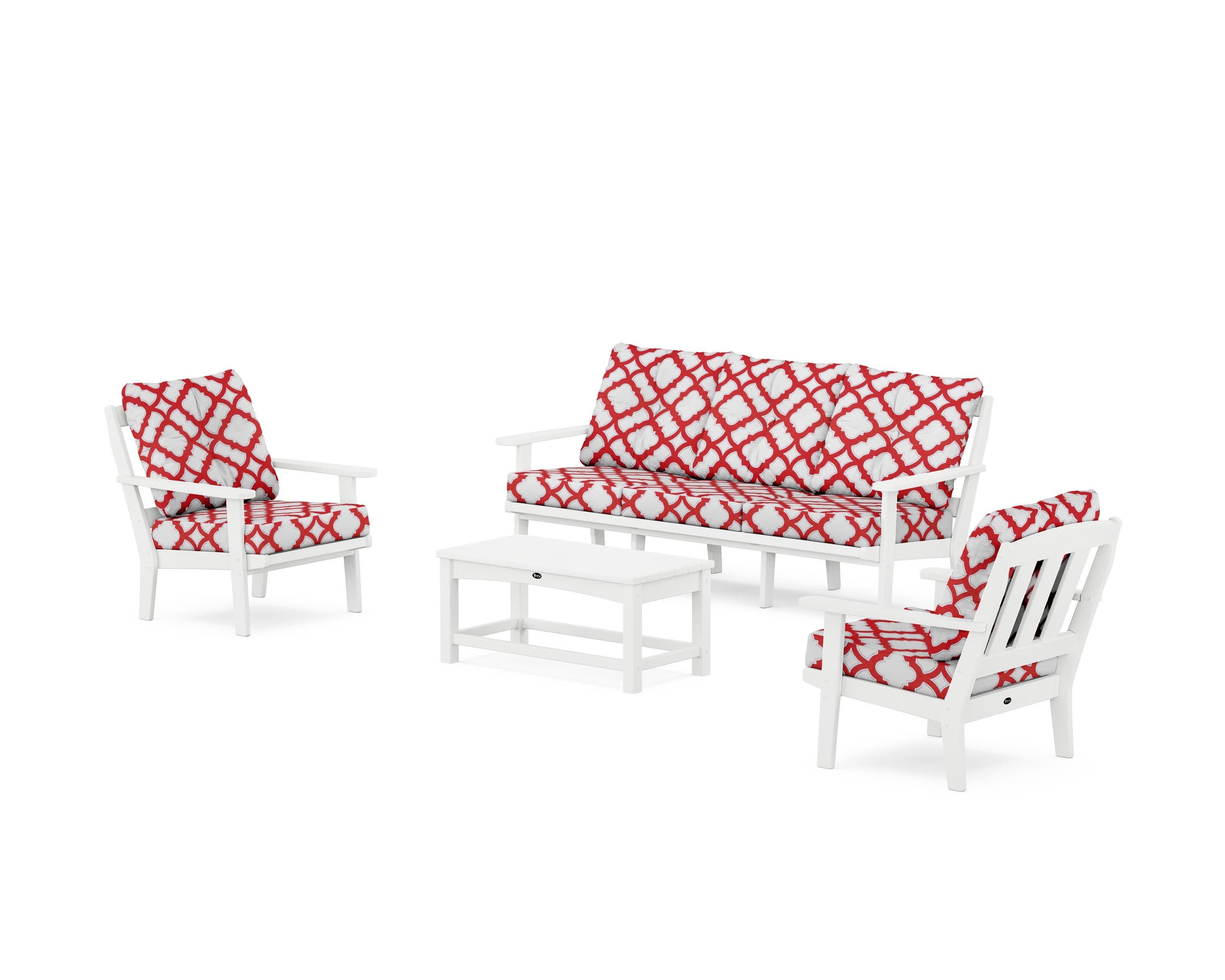Cape Cod 4-Piece Deep Seating Set with Sofa in Classic White / Trellis Crimson