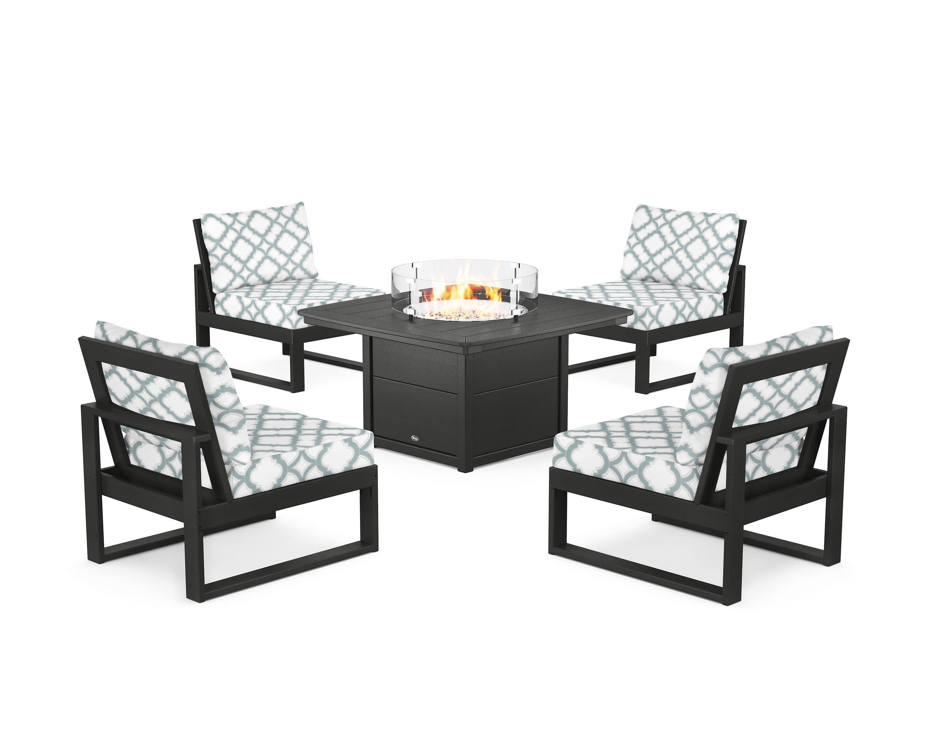Eastport Modular 5-Piece Deep Seating Set with Yacht Club Fire Pit Table in Charcoal Black / Trellis Glacier Spa