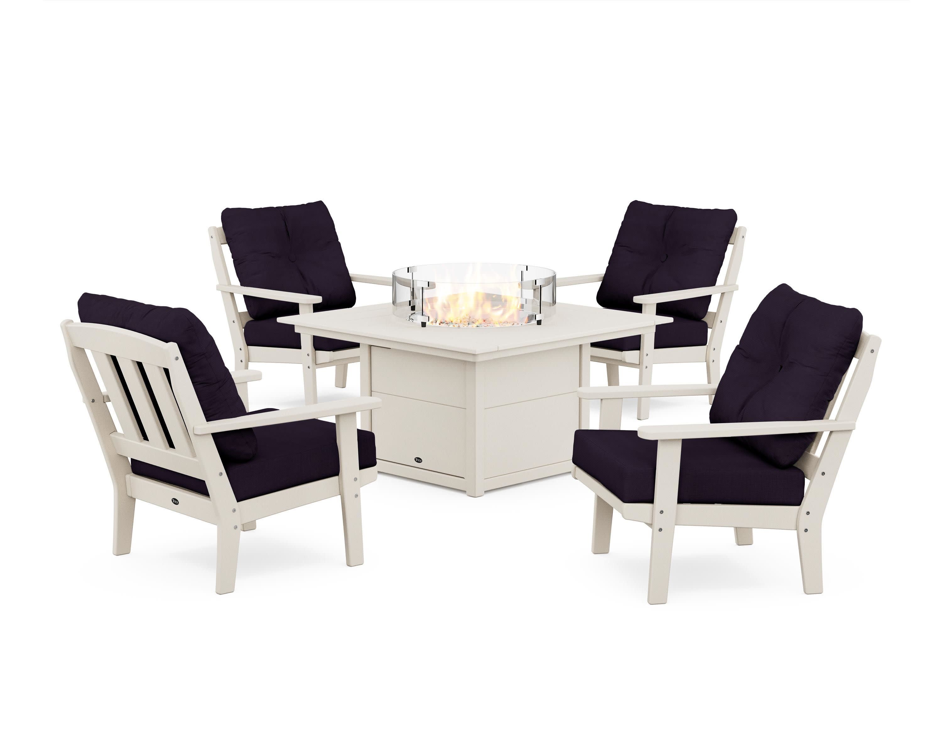 Cape Cod 5-Piece Deep Seating Set with Fire Pit Table in Sand Castle / Navy Linen