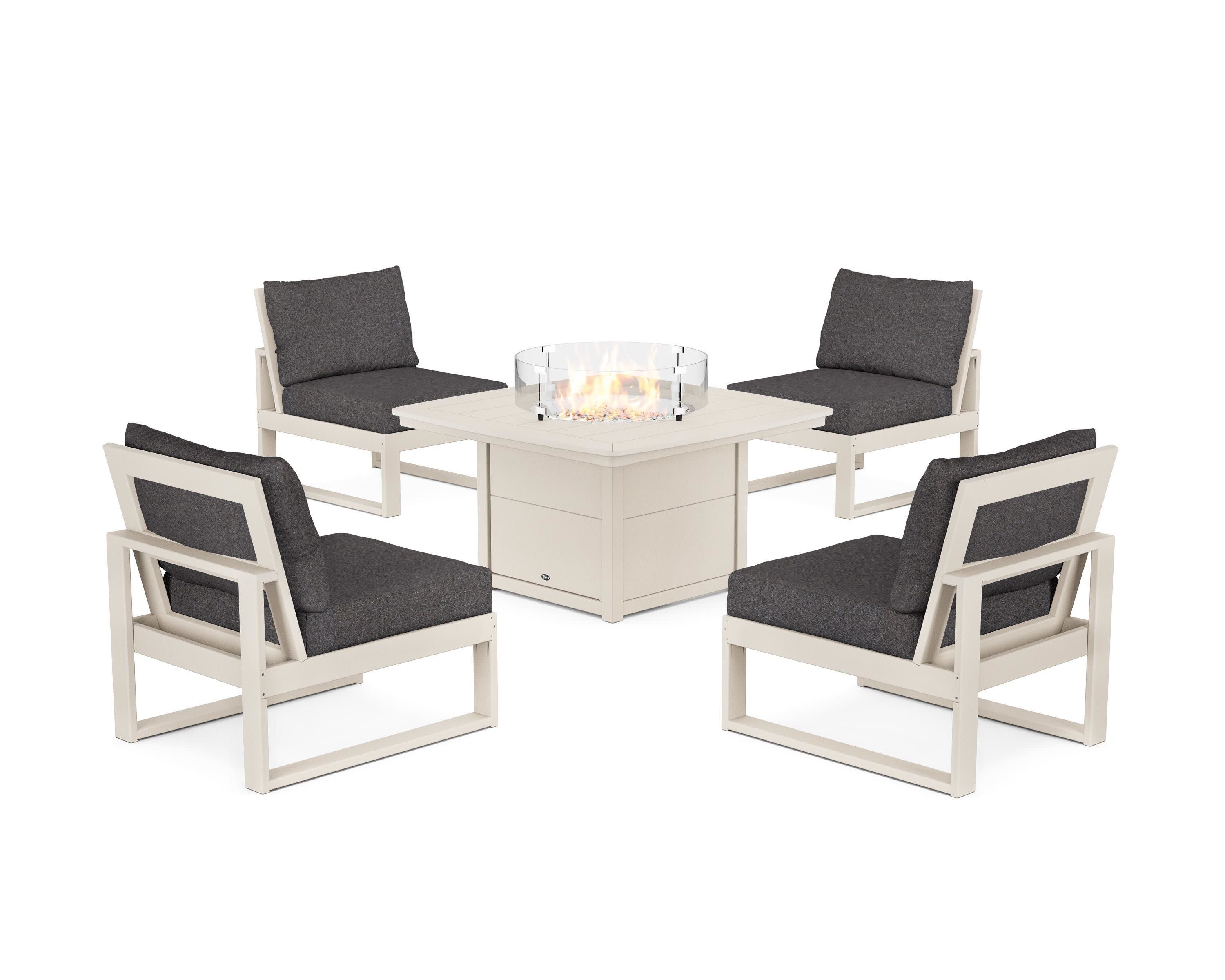 Eastport Modular 5-Piece Deep Seating Set with Yacht Club Fire Pit Table in Sand Castle / Ash Charcoal