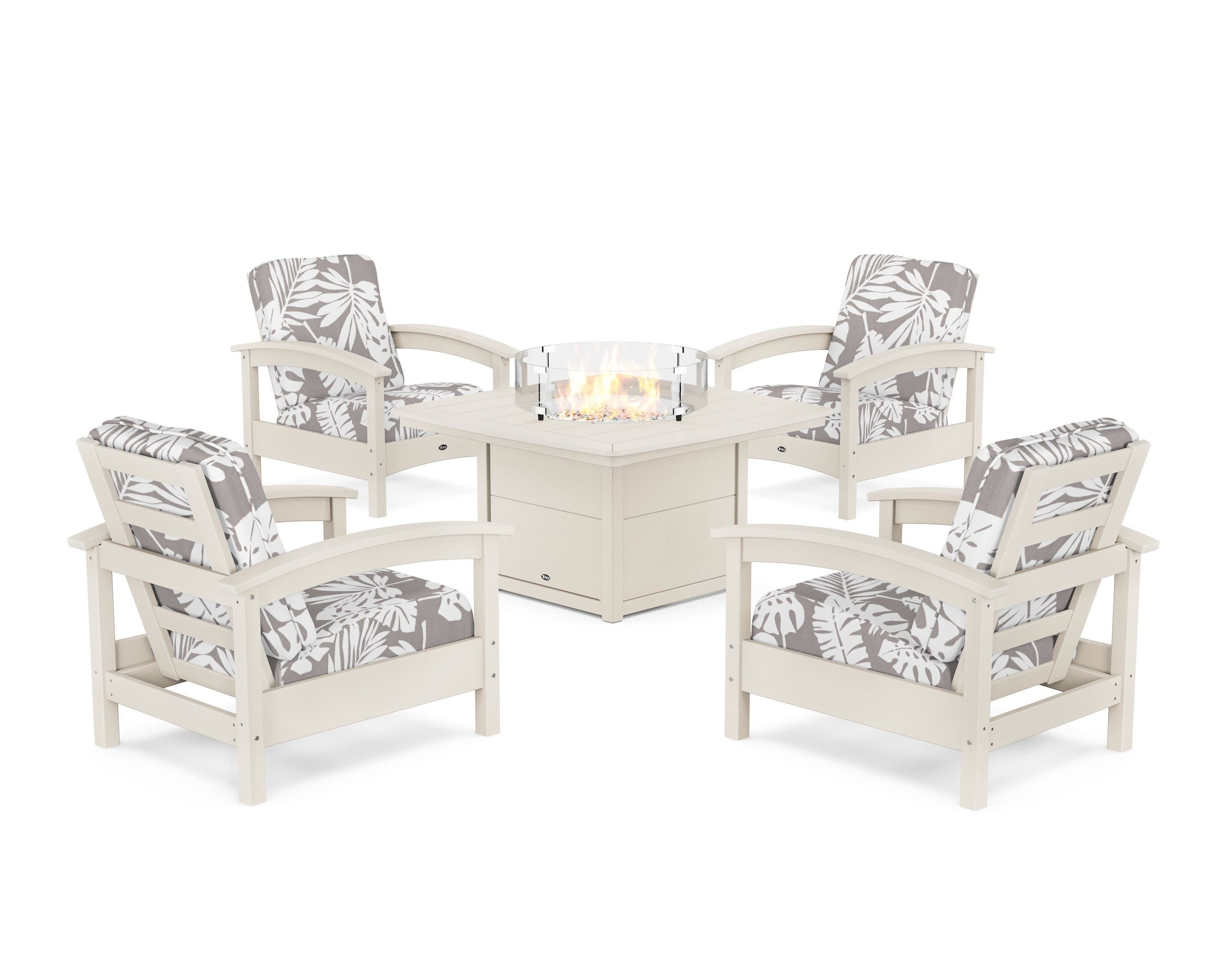 Rockport 5-Piece Deep Seating Set with Yacht Club Fire Pit Table in Sand Castle / Leaf Grey Mist