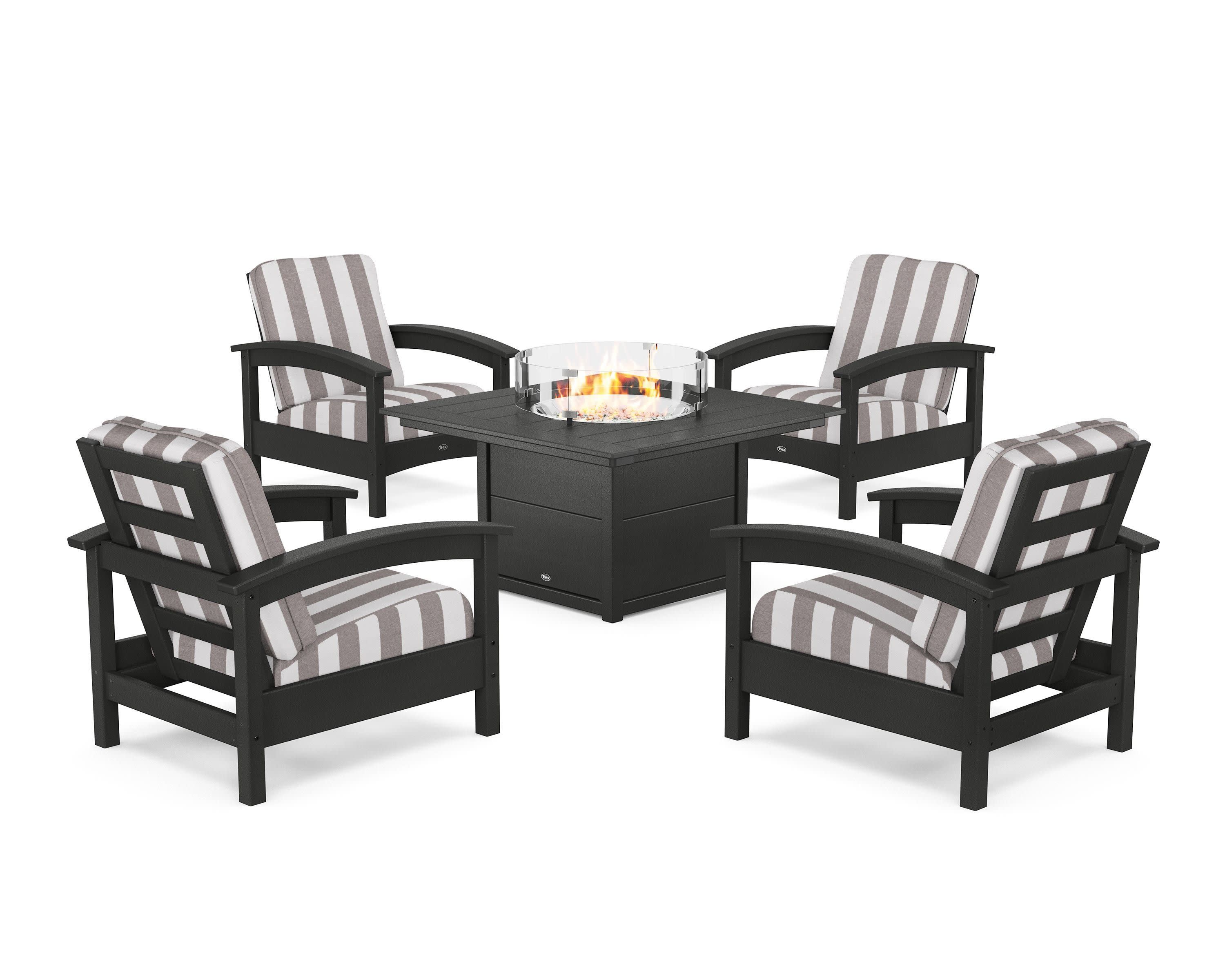 Rockport 5-Piece Deep Seating Set with Square Fire Pit Table in Charcoal Black / Cabana Stripe Grey Mist