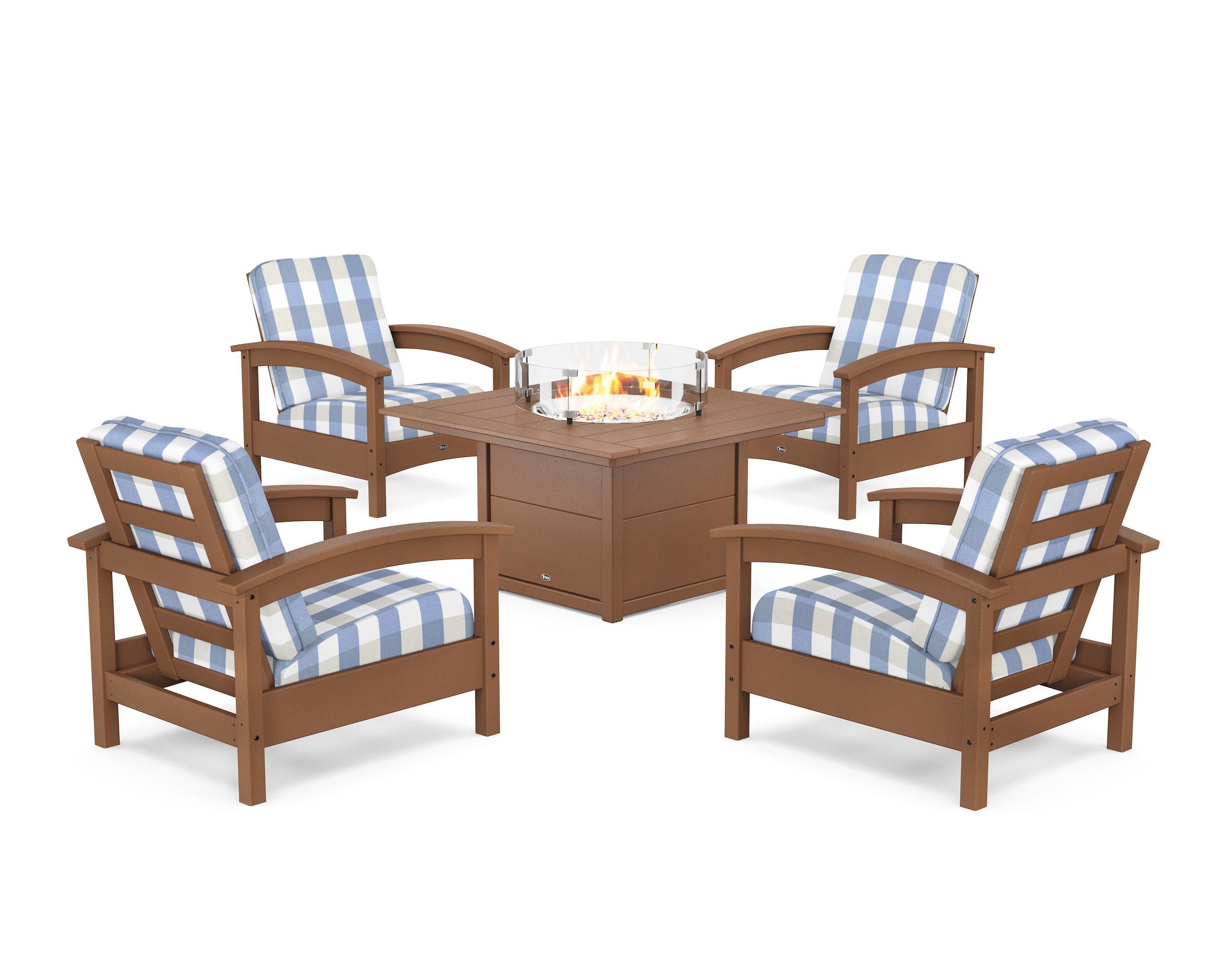 Rockport 5-Piece Deep Seating Set with Square Fire Pit Table in Tree House / Buffalo Plaid Sky Blue